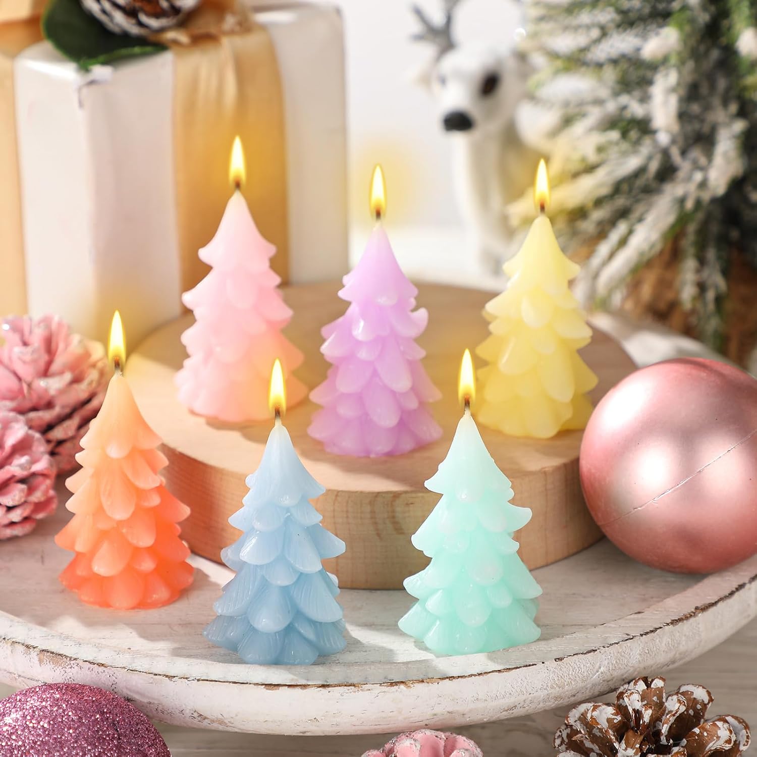 DoubleFill 6 Pcs Pastel Christmas Tree Candles 2.4 Inch Mini Colorful Candy Christmas Tree Shaped Candles Xmas Wax Candlesticks for Home Xmas Holiday Table Centerpiece Canyland Party Decoration