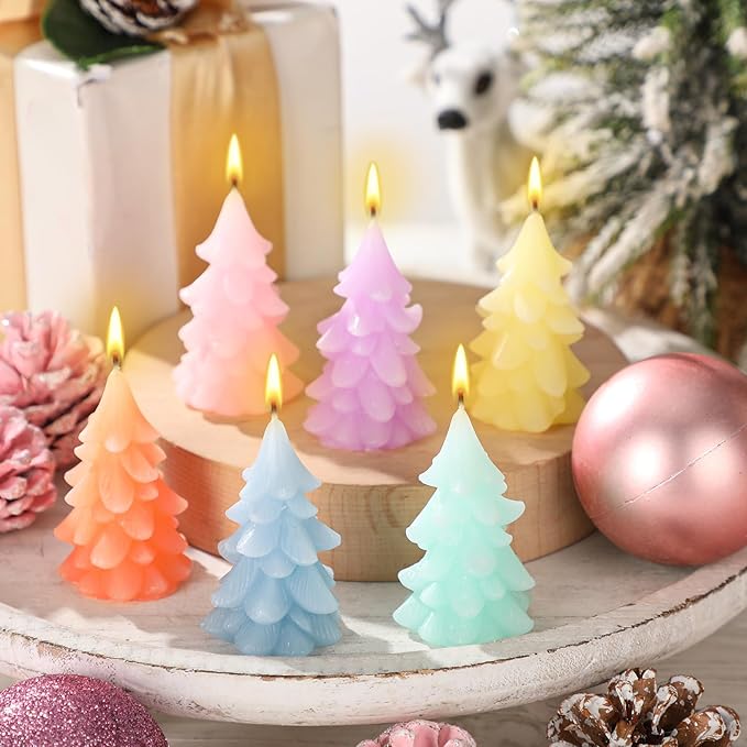 6 Pcs Pastel Christmas Tree Candles 2.4 Inch Mini Colorful Candy Christmas Tree Shaped Candles Xmas Wax Candlesticks for Home Xmas Holiday Table Centerpiece Canyland Party Decoration