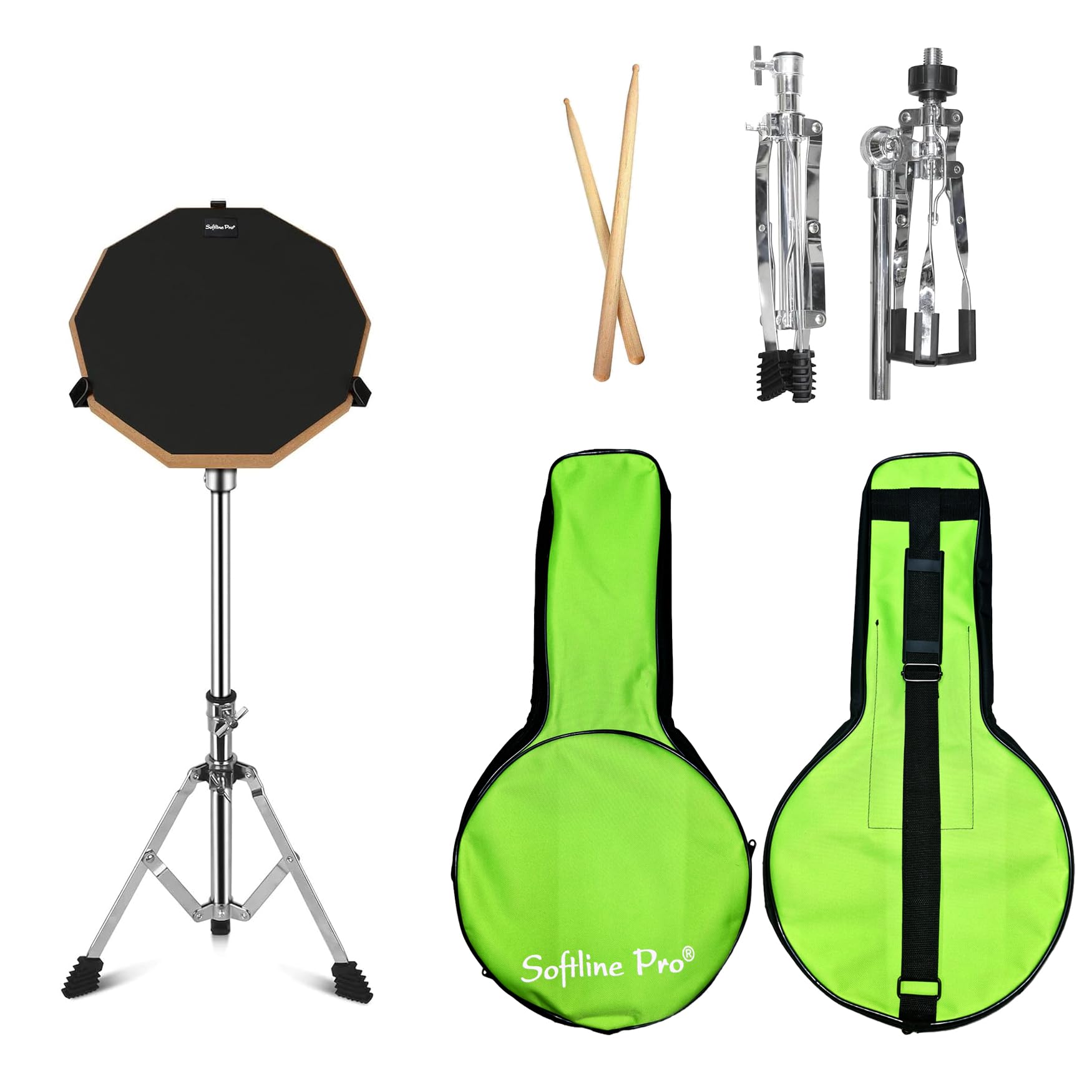 Softline Pro SP-DPPK-Kit 12" & 10 Corners Dumbed Drum Practice Pad Kit, Double Side with Stand & Bag (SP-DPPK-43-Stick-Kit-BK)