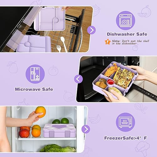 Vista 8 de Mochila para niñas, caja Bento con bolsa de almuerzo aislada, estuche para lápices y utensilios para niños, 6 compartimentos a prueba de fugas