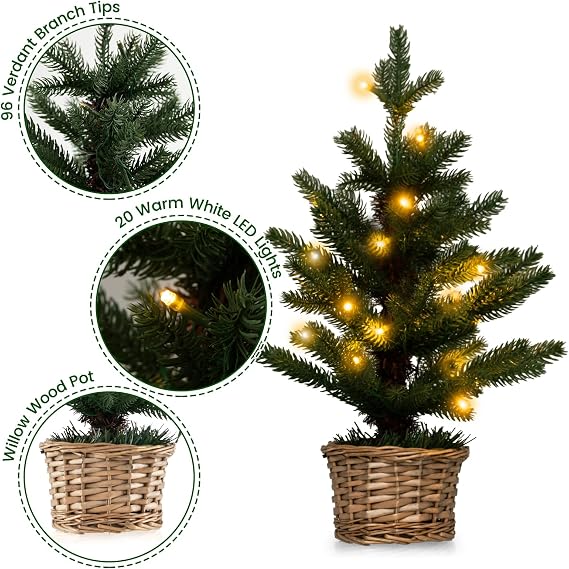 GiantexUK 2FT/60CM Mini Christmas Tree, Tabletop Artificial Xmas Tree with LED Lights & Base, Portable Traditional Holiday Christmas Decoration and Gift (Green With 20 Lights)