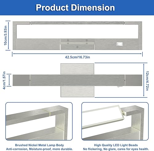 Miniatura 6 de Luces de baño sobre espejo de níquel cepillado de 16.5 pulgadas, 18 W, barra de luz moderna ajustable con interruptor, blanco natural de 5000 K para