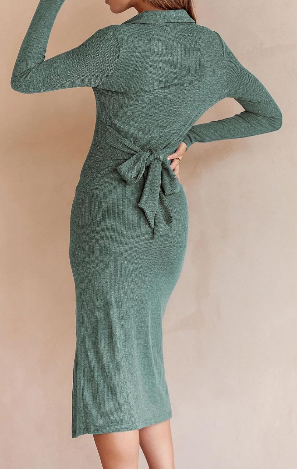 ZOCANIA Women's Lapel Half Button Ribbed Knit Wrap Dress Split Dress Long Sleeve Stretchy Club Bodycon Dress with Belt - Image 4