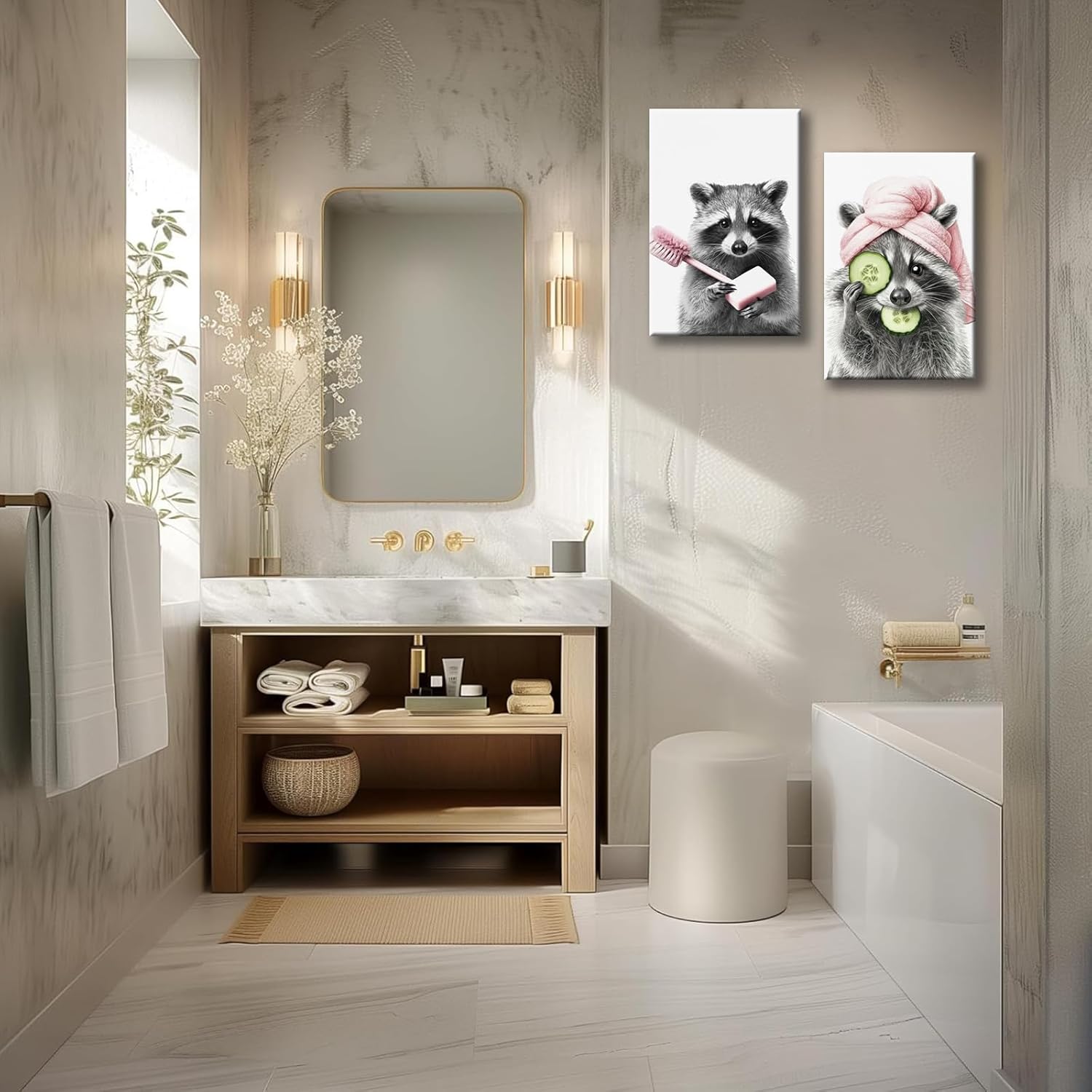 Funny Raccoon Bathroom Wall Art Set of 2 – Cute Animal Spa Canvas Prints, Farmhouse Bathroom Decor, Framed Rustic Wall Pictures for Washroom, Powder Room,Kids’ Bath16x24 Inches Ready to Hang