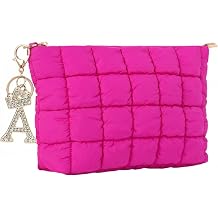 Hot Pink Puffer Quilted Makeup Bag for Women with Letter Metal Charm - 10" Roomy Puffy Cosmetic Pouch, Travel Toiletry Organizer Bag HP-Le-A1