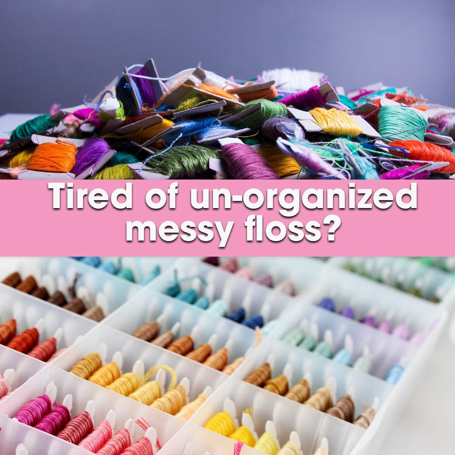Embroidery Floss Organizer Box | 17 Compartment Plastic Box with Lid, Embroidery Thread Organizer with 100 Cardboard Bobbins and 640 Floss Number Stickers | Cross Stitch Supplies, Storage, and Thread