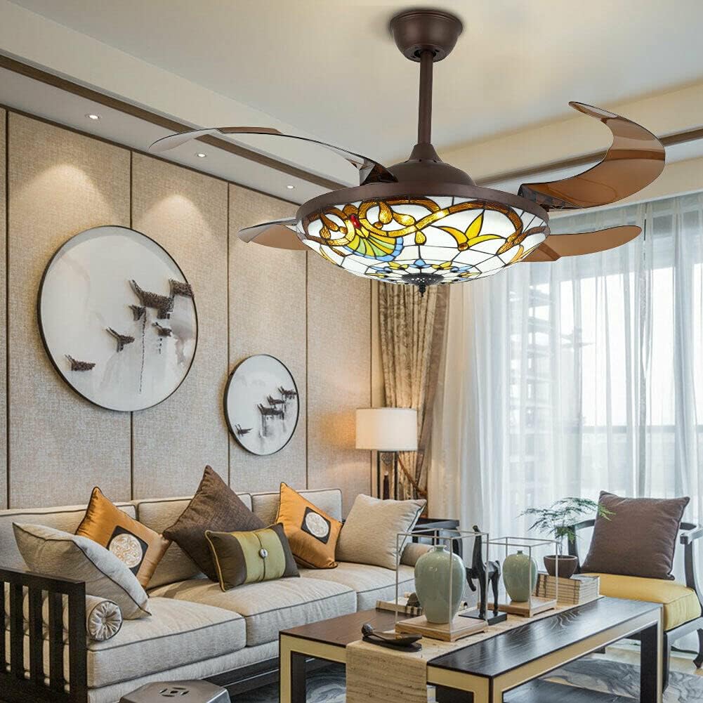 DNYSYSJ Ceiling Fan Light 42'' Tiffany Style Ceiling Fan Lamp 3 Color 3 Speed Ceiling Fan Chandelier for Living Room Bedroom Office and Restaurant (Coffee-Brown)