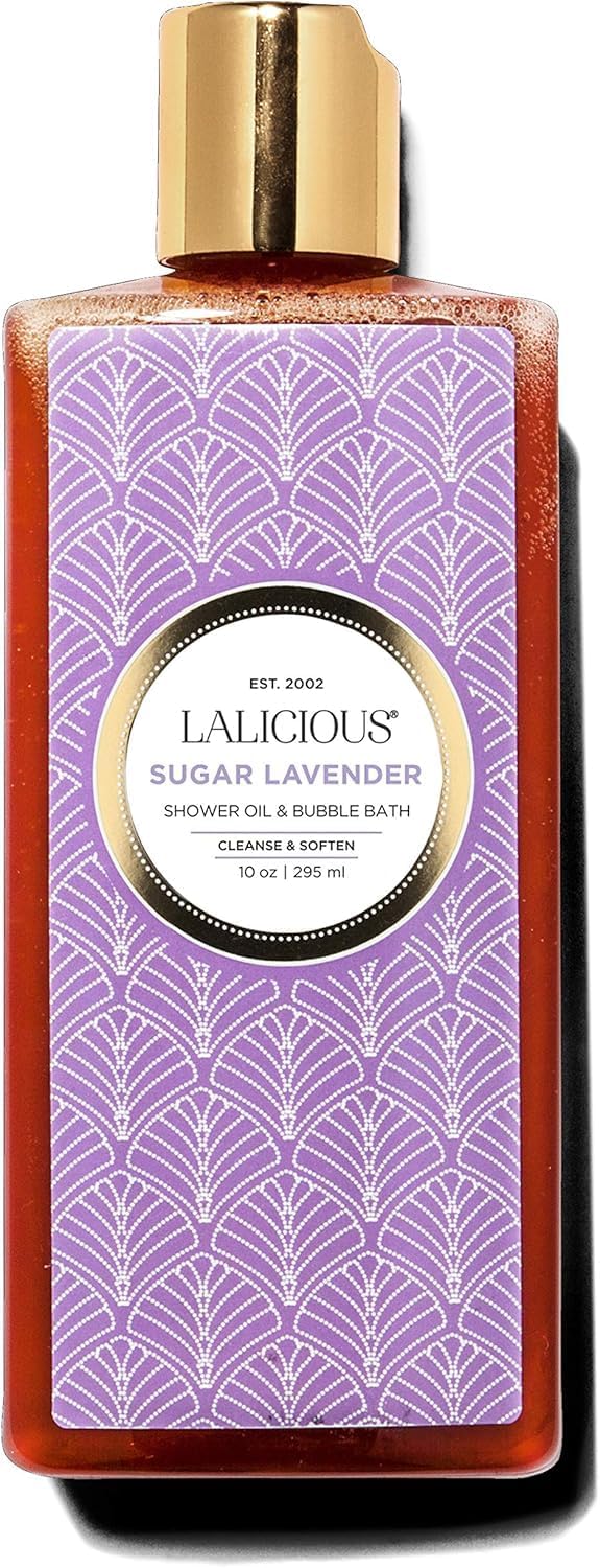 LALICIOUS Sugar Lavender Shower Oil & Bubble Bath, Moisturizing Body Wash with Topical Probiotics & Grapeseed Oil, Multi-Use Softening Cleanser for Shower, Bath & Shaving, 10 oz