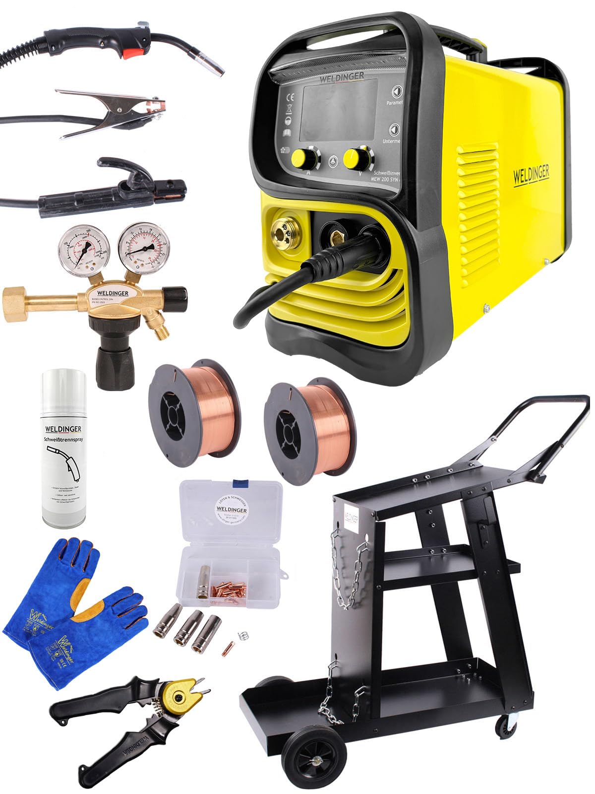 WELDINGER Aktionsset MIG-MAG-Schweißinverter MEW 200 SYN eco, Schweißwagen eco, Druckregler mini, MAGSet Basic 5 Jahre Garantie