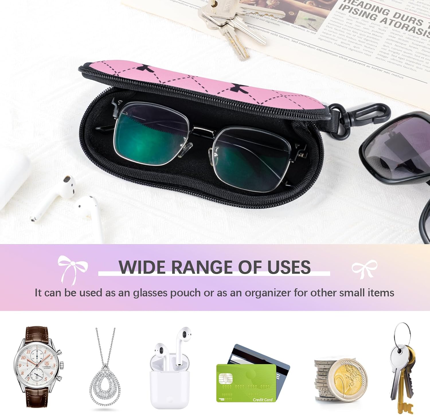 2 Pack Sunglasses Case, Neoprene Zipper Eyeglass Case, Soft Glass Travel Pouch with Clip for Women Men