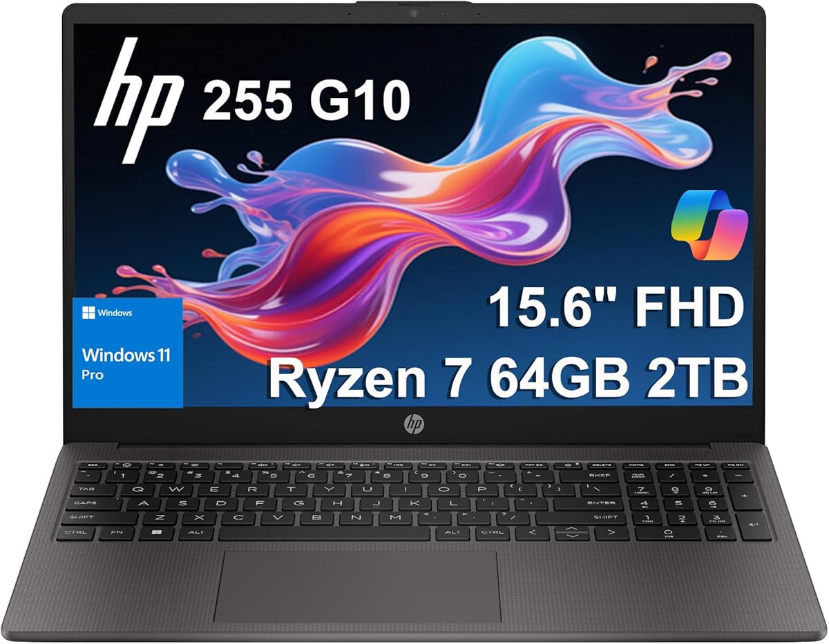 HP 255 G10 Business Laptop (15.6" FHD Anti-glare, AMD Ryzen 7 7730U (> Intel i7-1355U) 64GB RAM, 2TB SSD) for Home, Student, Military Grade, Webcam w/Shutter, Numeric Keypad, Wi-Fi 6, Win 11 Pro : Electronics