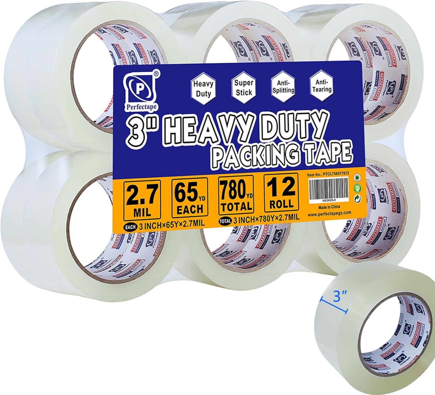 PERFECTAPE 3" Heavy Duty Packing Tape 12 Rolls, Total 780Y, Clear, 2.7 mil, 3 inch x 65 Yards, Ultra Strong, Refill for Packaging and Shipping(3" Width, not 2" Width)