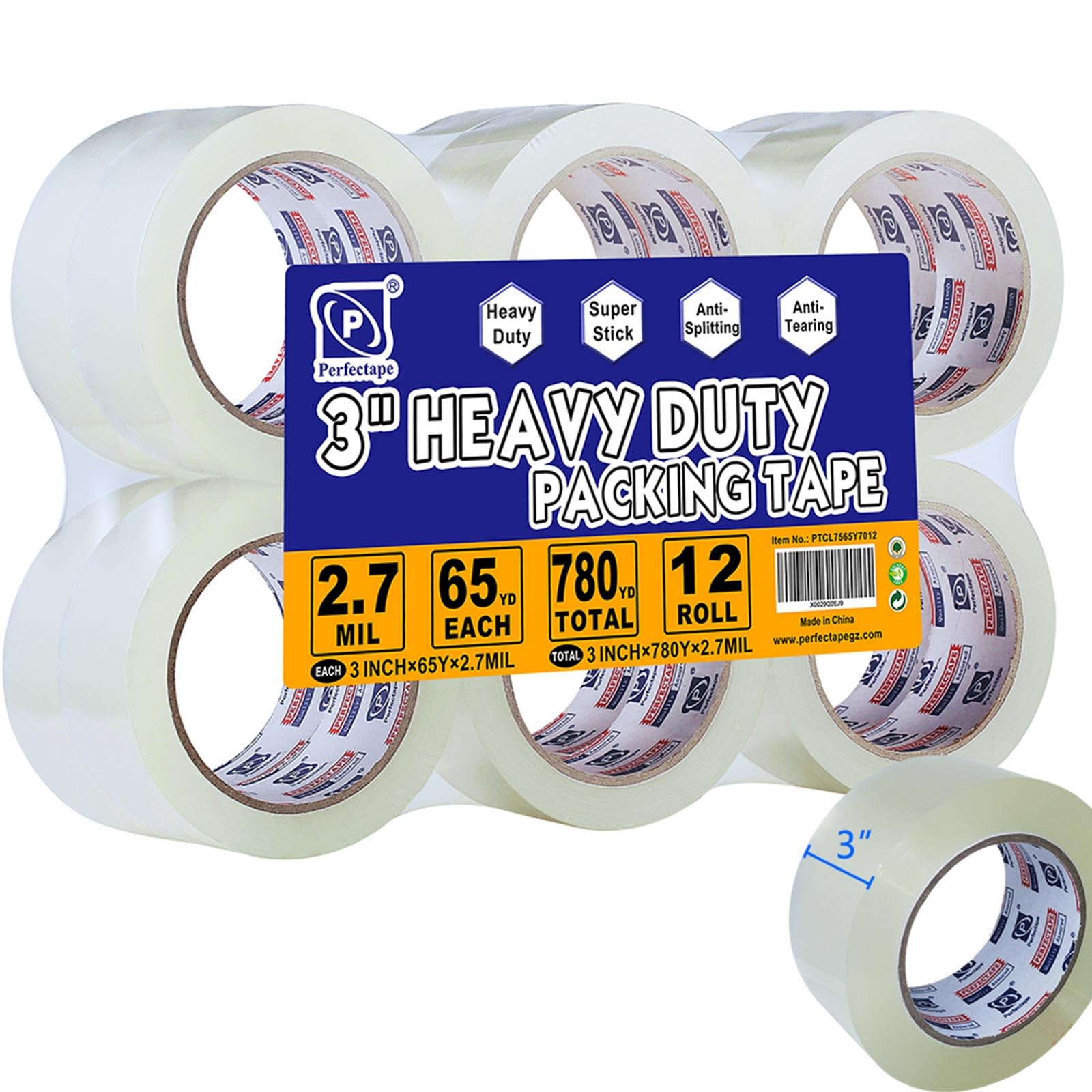 PERFECTAPE 3" Heavy Duty Packing Tape 12 Rolls, Total 780Y, Clear, 2.7 mil, 3 inch x 65 Yards, Ultra Strong, Refill for Packaging and Shipping(3"