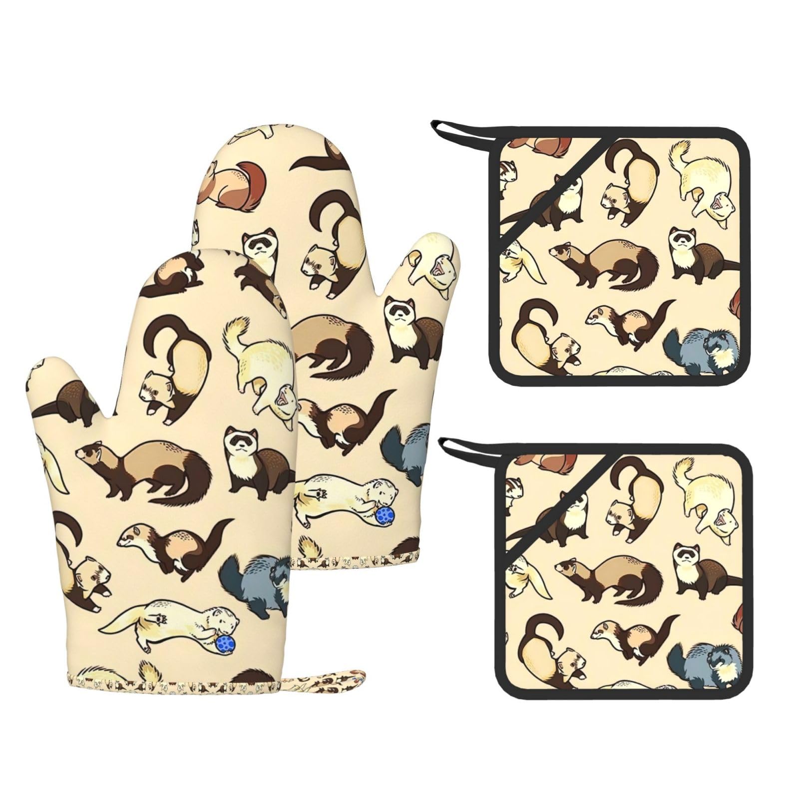 Hairy Ferret Printed Pot Holders and Oven Mitts 4-Piece, Non-Slip Kitchen Gloves with Utensil Pocket for BBQ