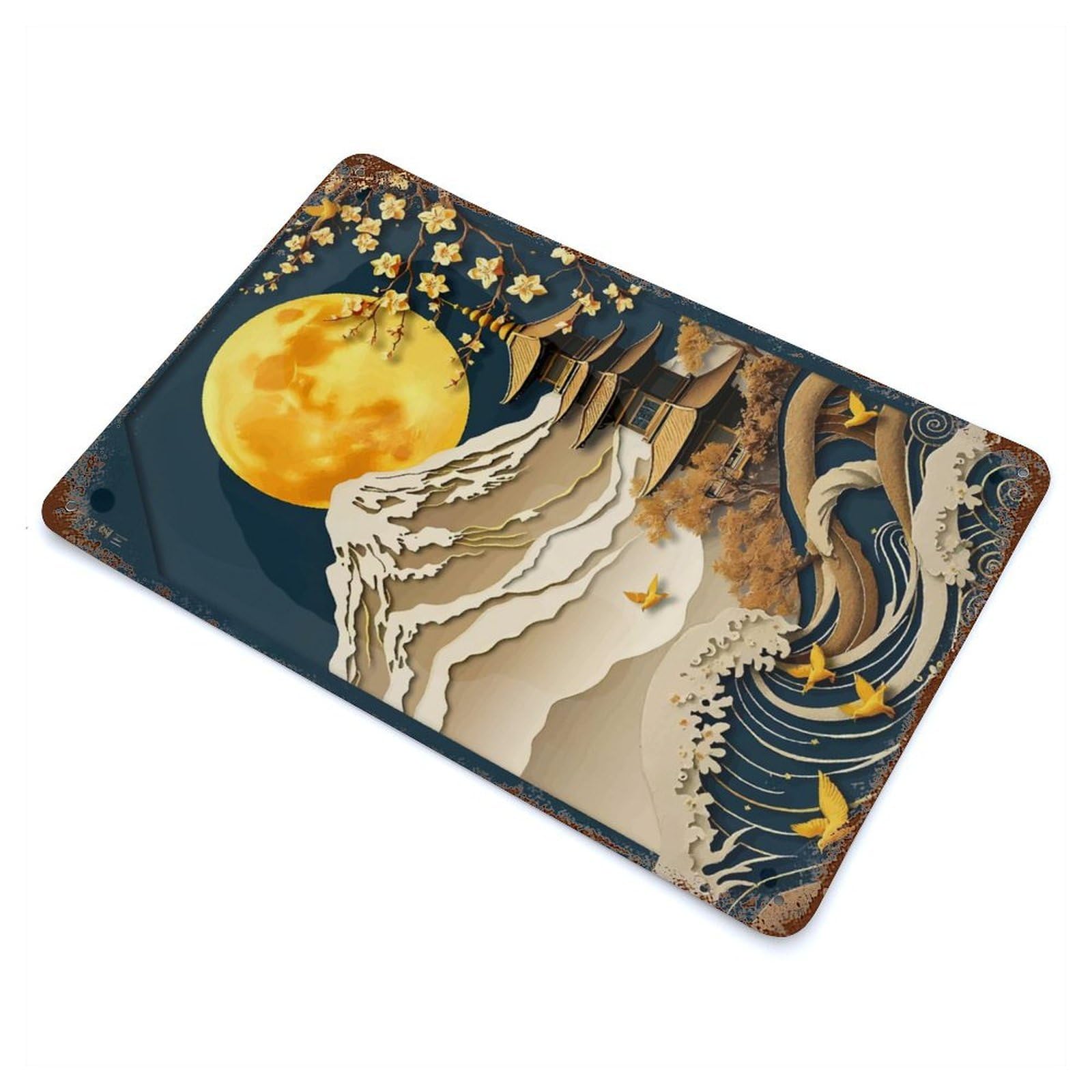 Abstract Japanese Landscap 11.8"x7.9" Rustic Tin Plaque, Novelty Wall Decor for Living Room, Hallway And Home Decor