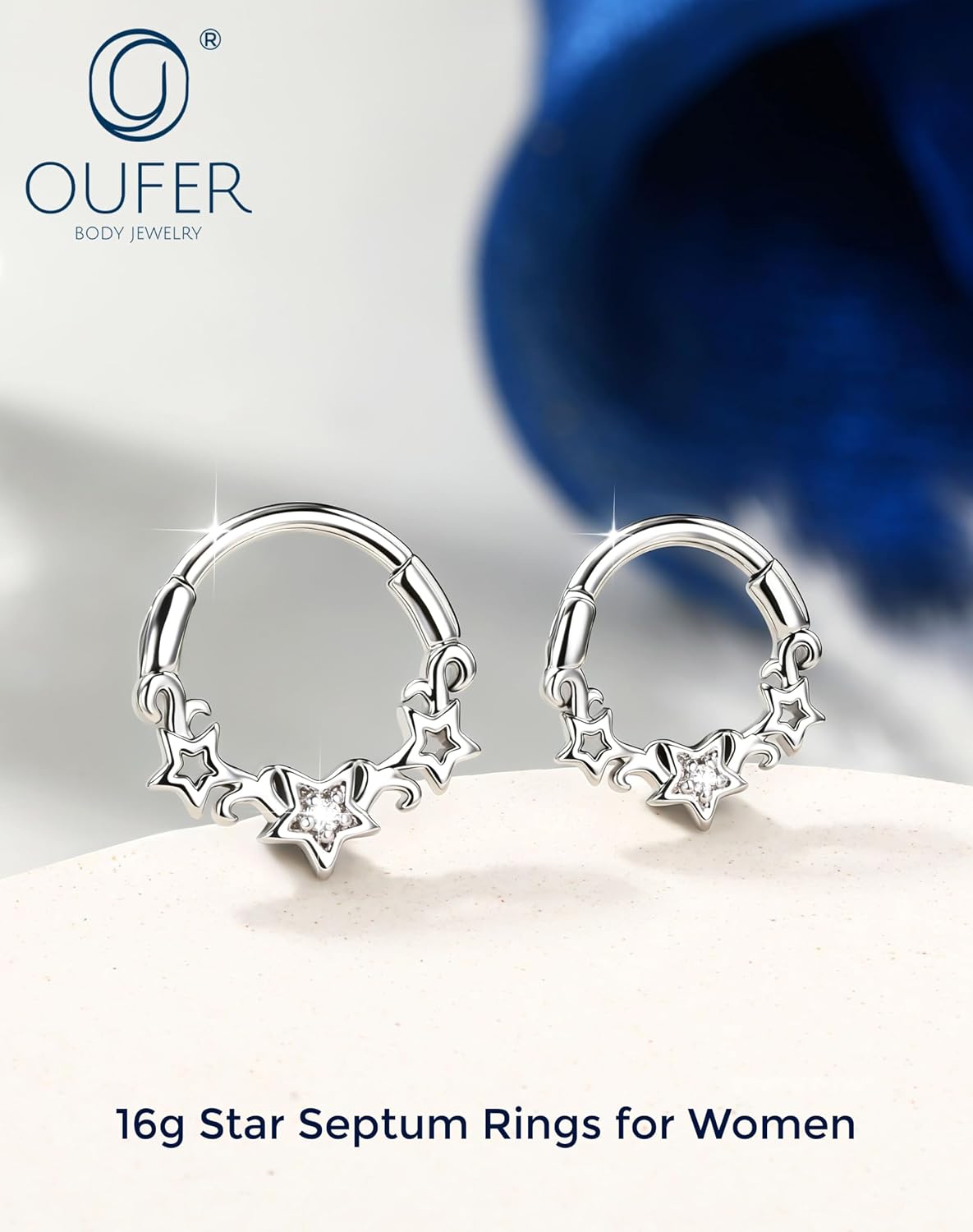 OUFER 16g Hinged Segment Clicker Septum Rings, Sparkling Cubic Zirconia Daith Earrings made of 316L Surgical Steel, Star Tragus Helix Piercing Jewelry for Women