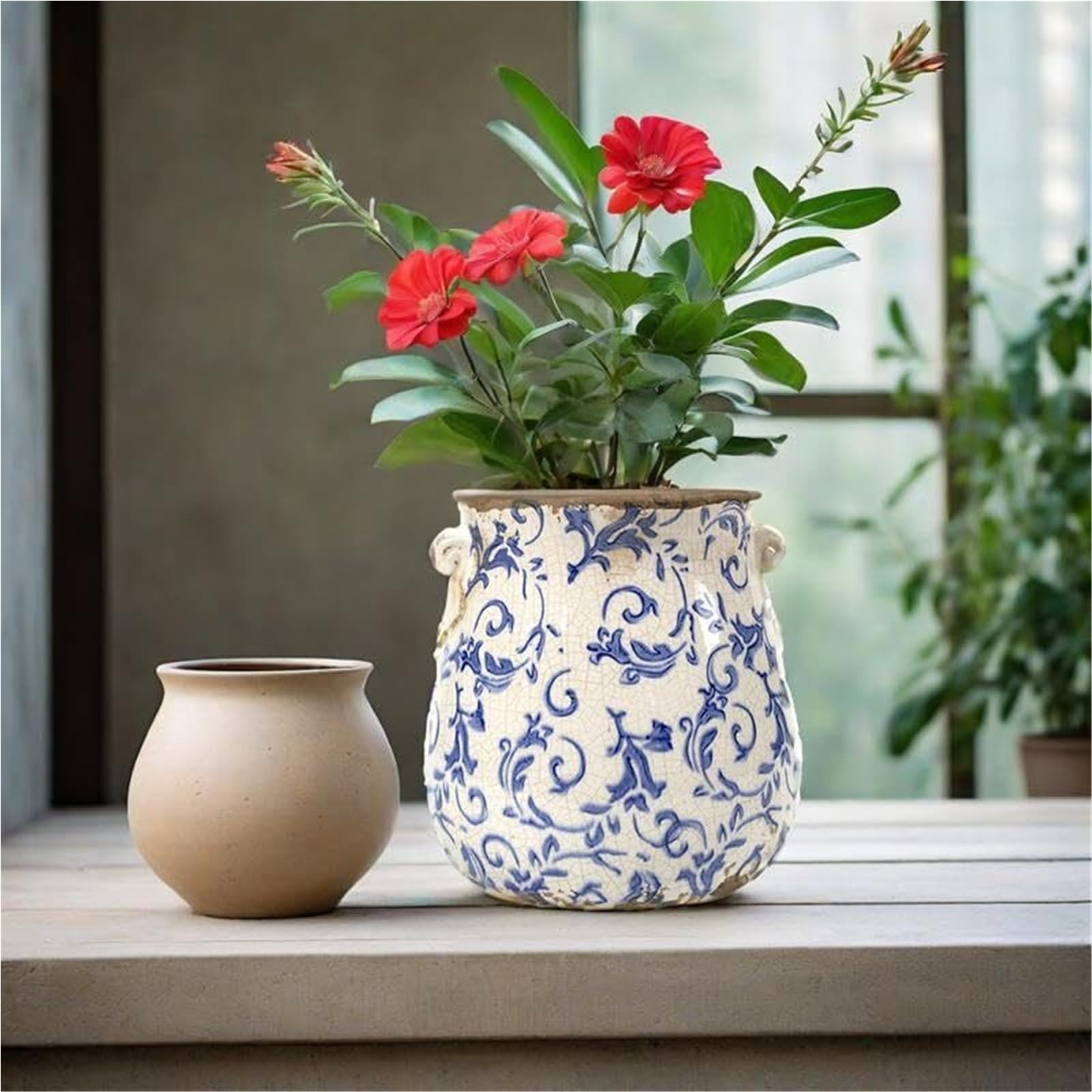 Vintage doniczka na rośliny vintage, pojemnik na rośliny z otworem drenażowym, kwiat pęknięcie lód ceramiczna dekoracja ogrodowa (szary)