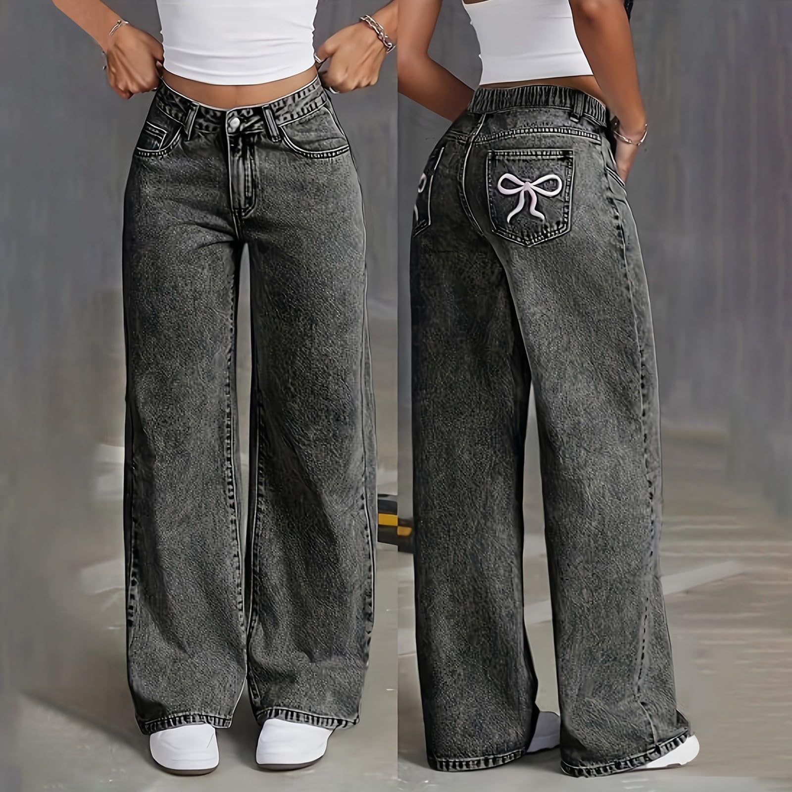 Jeans a gamba larga Y2k Hip Hop larghi a vita alta pantaloni in denim per bambini casual moda dritto slim fit streetwear scuola retrò denim pantaloni con tasca