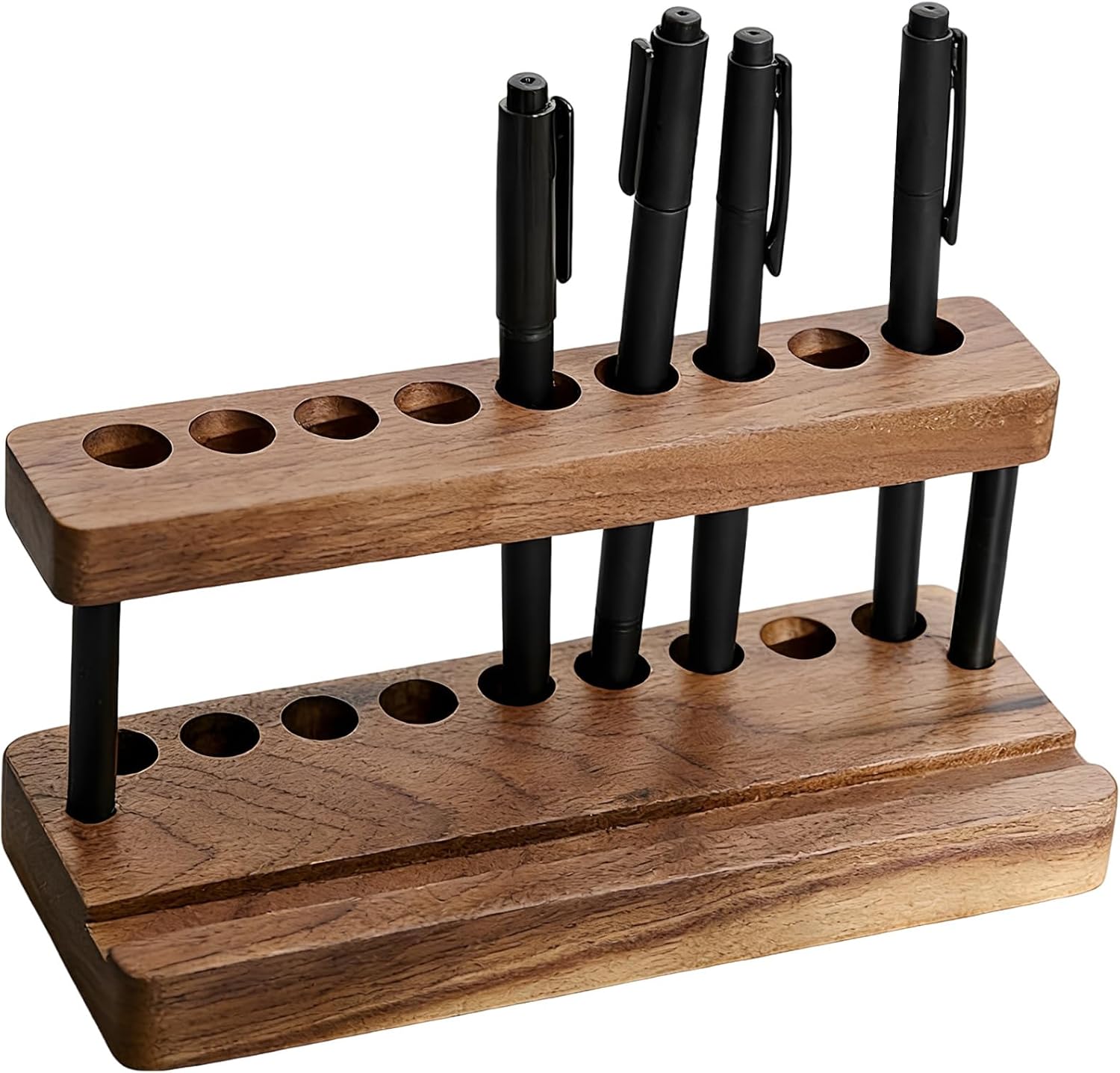 Wooden Pen Holder for Desk with Cell Phone Stand, Desktop Stationery Organizer, Brown Wood Pen Display Stand, Space-Saving