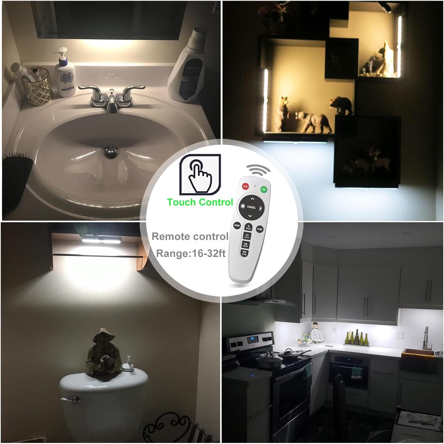 Wireless Dimmable LED Under Cabinet Lights with Remote, 4 Pack