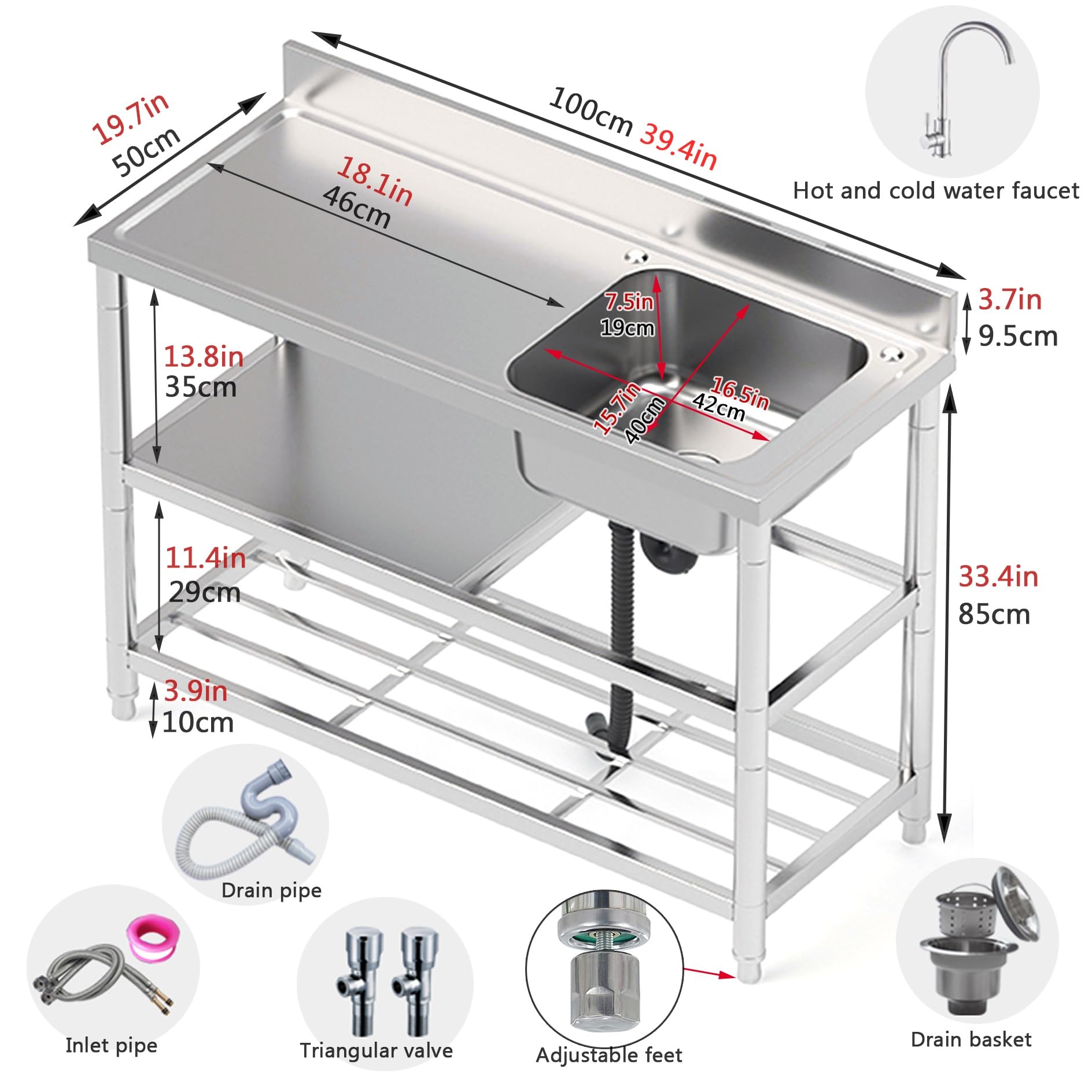 Outdoor Spüle Mobiles Waschbecken Garten Küche Spülbecken Kitchen Sink Edelstahl Arbeitsplatte Spültisch Gastro 1 Becken Ausgussbecken mit Armatur für Werkstatt Restaurant Pantryküche Camping (Color