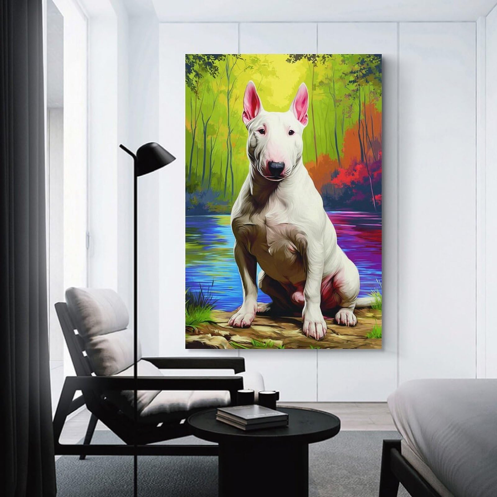 Junmoney Unframe-Bull Terrier By The Colorful Lake Bull Terrier By The Colorful Lake Wall Decor Canvas Print 20X30inch(50X75cm), For Sofa Walls, Lounge Or Home Corners, Modern Wall Decor For Cosy Interiors