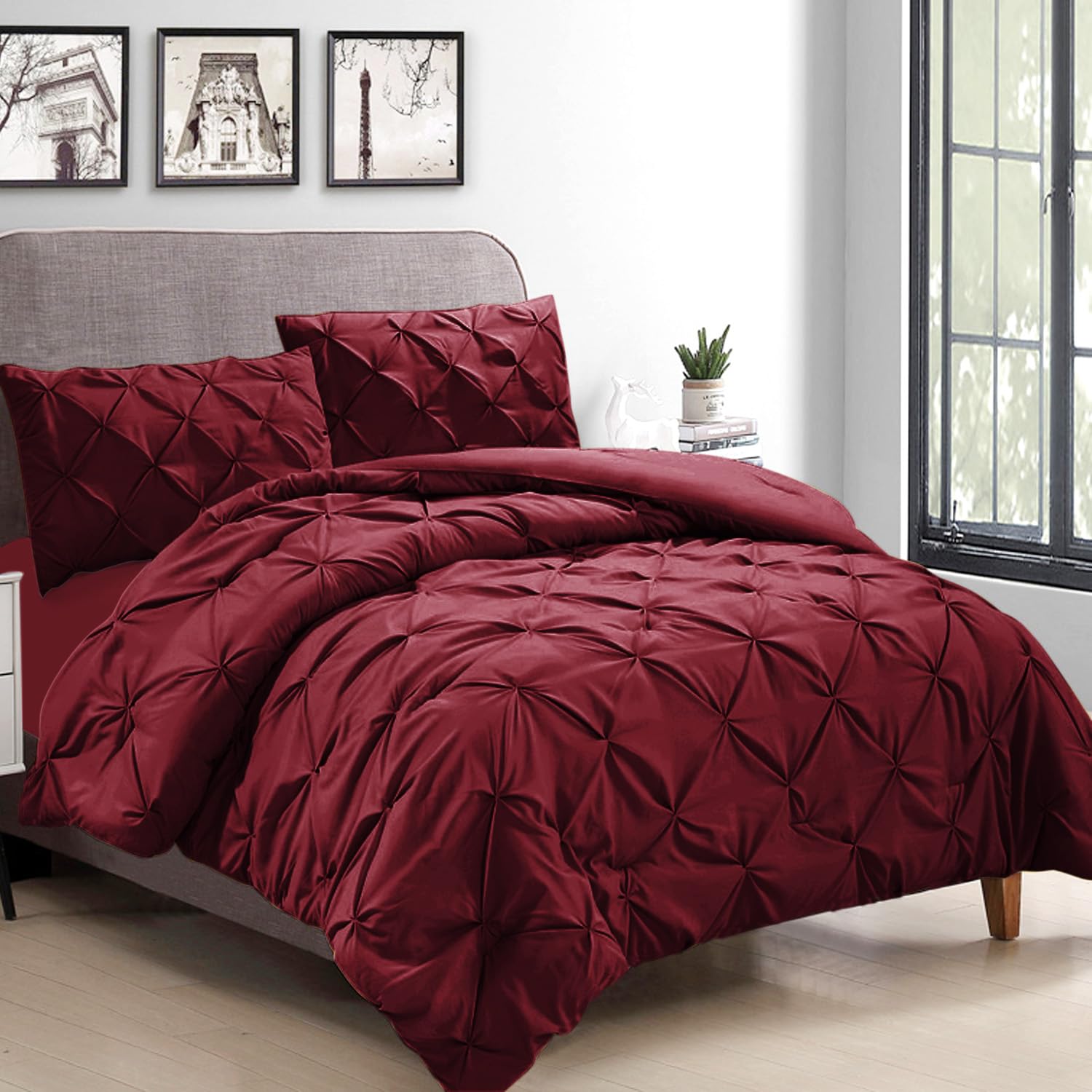 Maple&Finch Pinch Pleat Comforter Set for Queen Bed, Red, (AR-4880-RED)