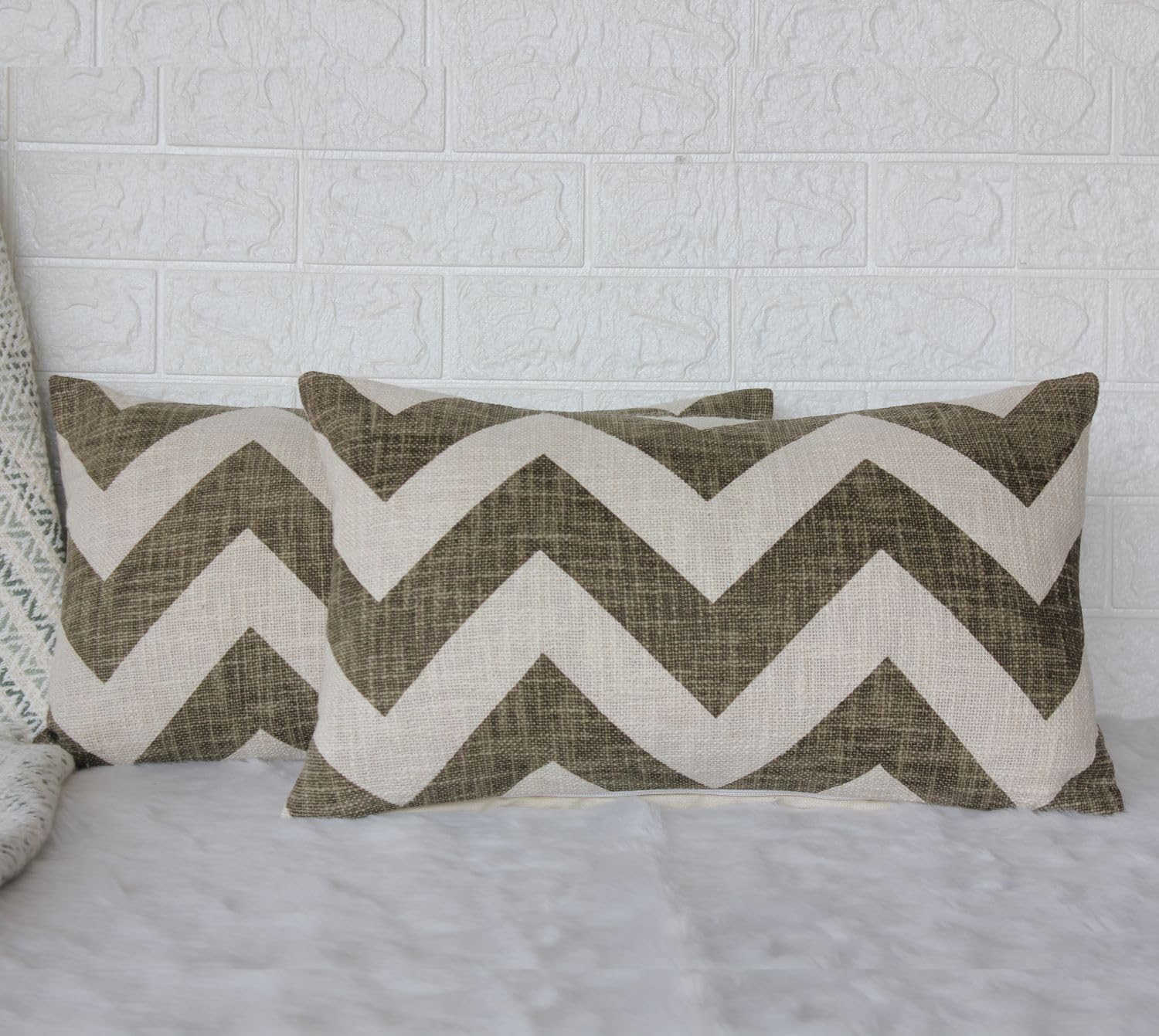 Dekor World 2 Piece Textured Cotton Chevron Printed Collection Deco Pillow Cover (Beige, 12x20 Inches or 30x50 cm) for Living Room and Bedroom