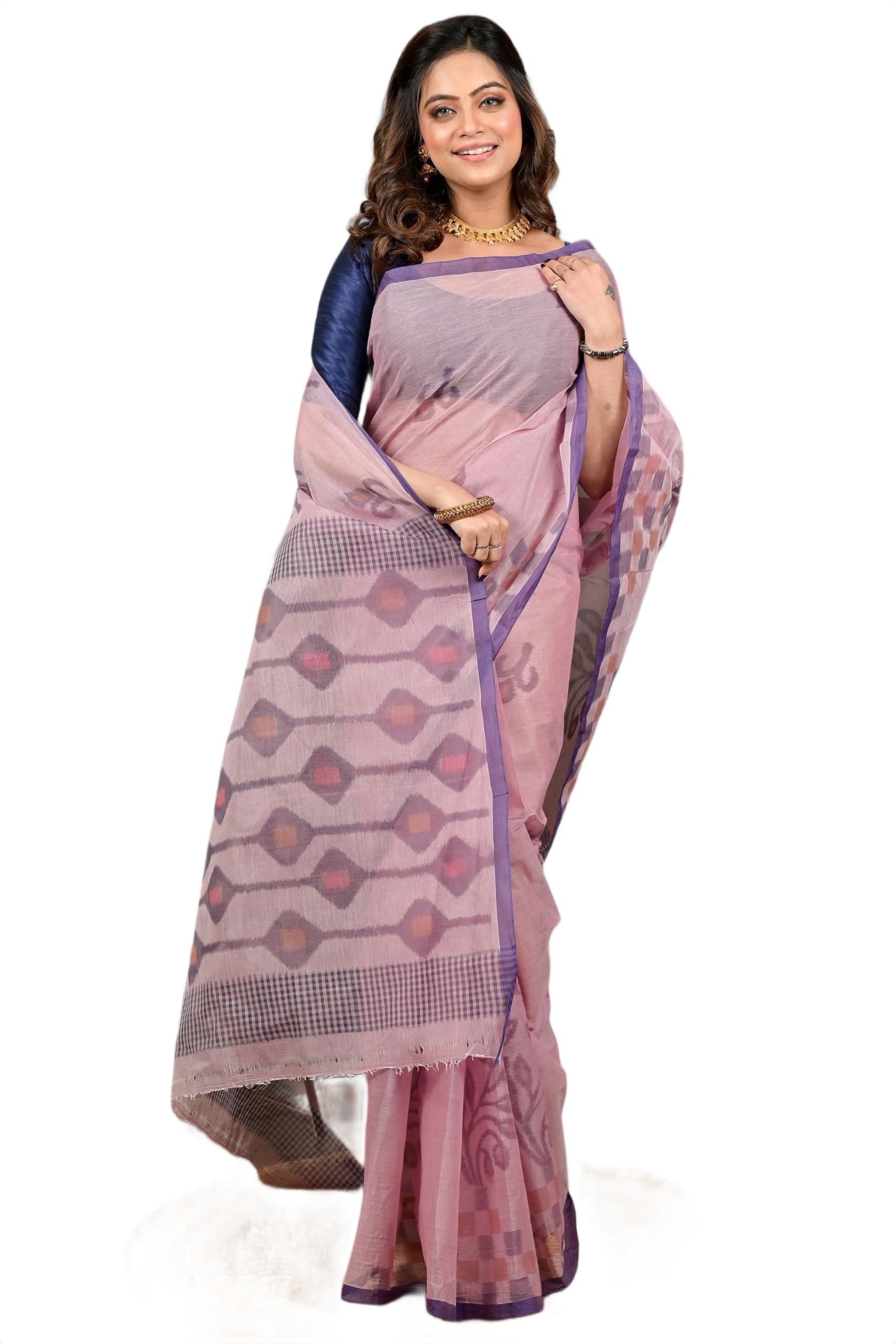 Traditional Bengali Tant Pure Cotton Saree with Handmade Block Print, Blue Border, Handloom Weave for Durga Puja and Festivals-image-14