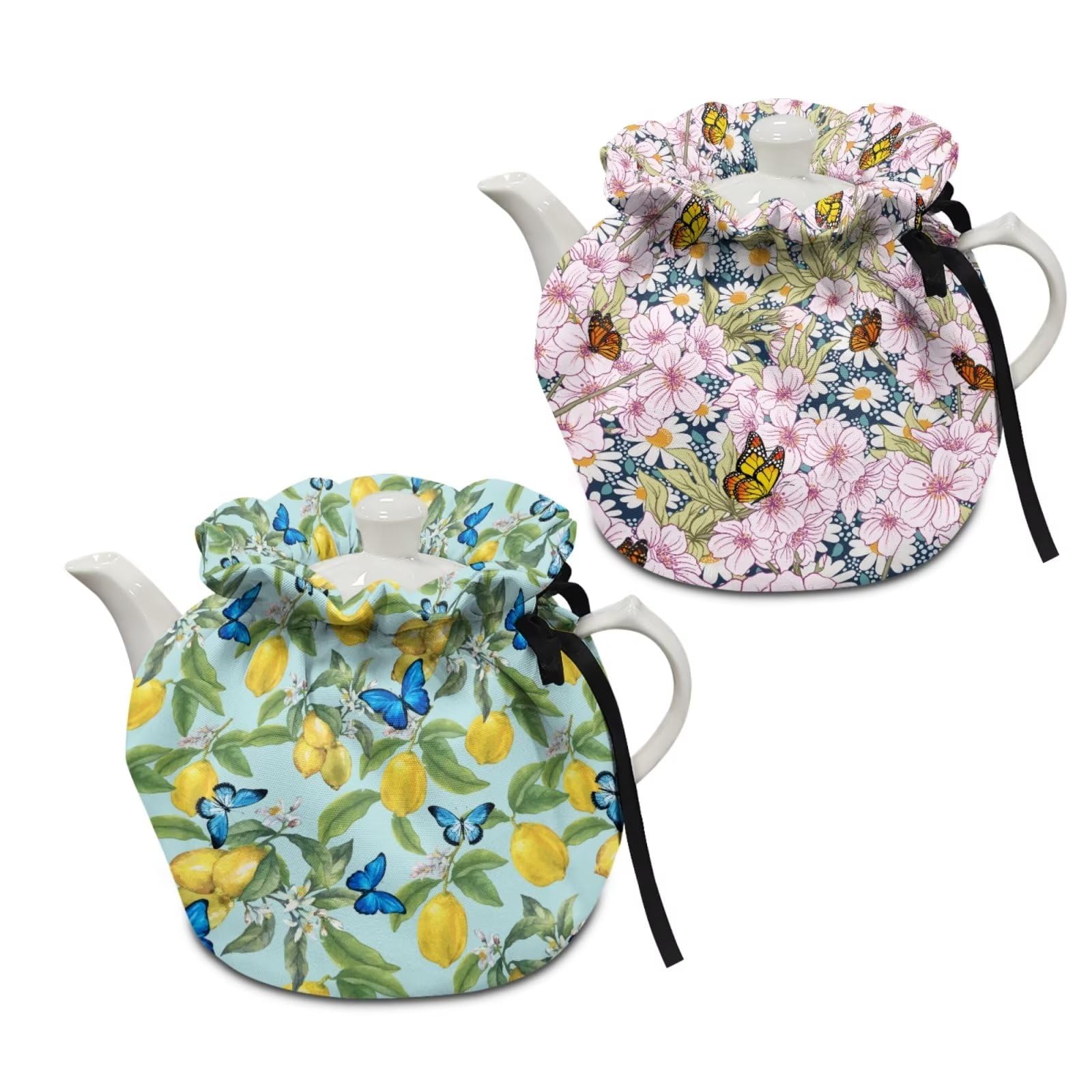 Freewander Tea Cosy Kitchen Tea Pot Dust CoverTeapot Cozy Breakfast Warmer Tea Pot Cover Insulation Warm Tea Kettle for Home Table Hotel Tea Party Restaurant,Lemon Flowers Butterfly Print