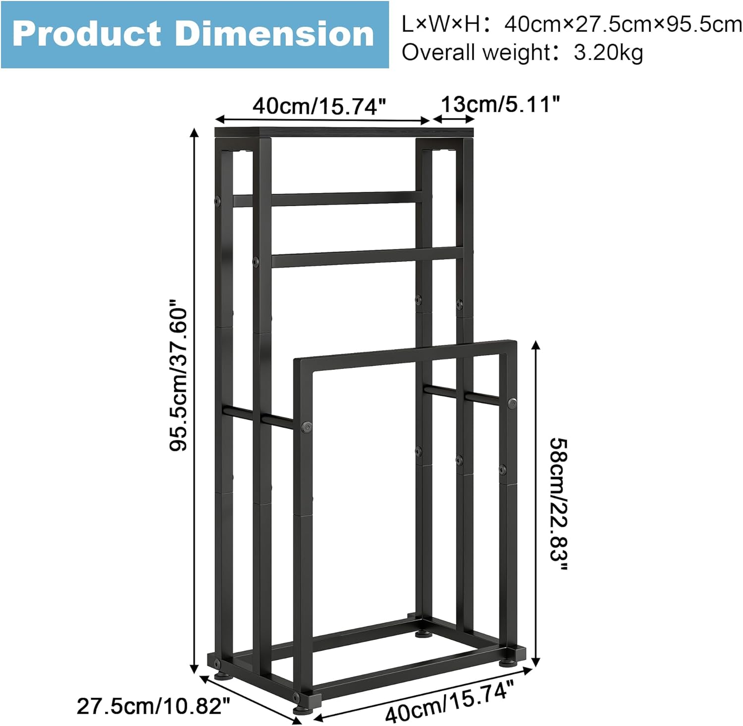 Free Standing Towel Rack for Bathroom, 3 Tier Metal Blanket Rack with Shelf, Blanket Drying and Display Rack for Oversized Bath Towels Bathroom Accessories, Next to Tub or Shower, Black