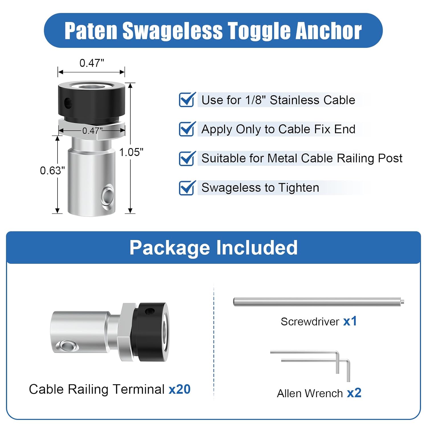 CKE 20 Pack Black Swageless Cable Railing Terminal Anchor, 1/8" Swageless Invisible Cable Railing Kit, T316 Stainless Steel Hidden Cable End Fittings for 2"x2" Metal Cable Corner Post, BCR101