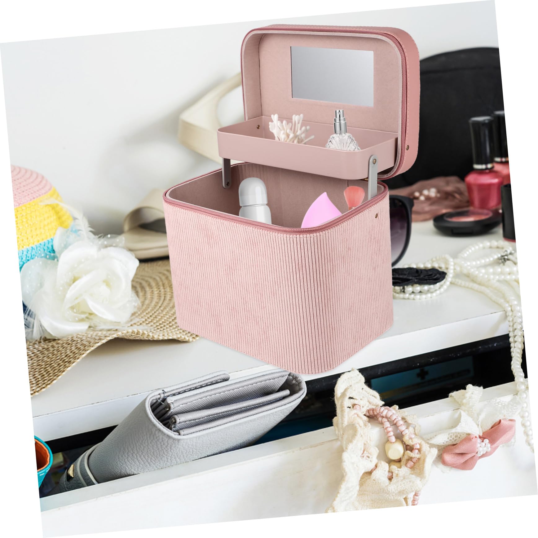 Großer Kosmetikkoffer mit Make Up Kasten mit LED Spiegel Zweilagig aus Corduroy Tragbar für Reisen und Persönliche Aufbewahrung Inklusive Spiegel
