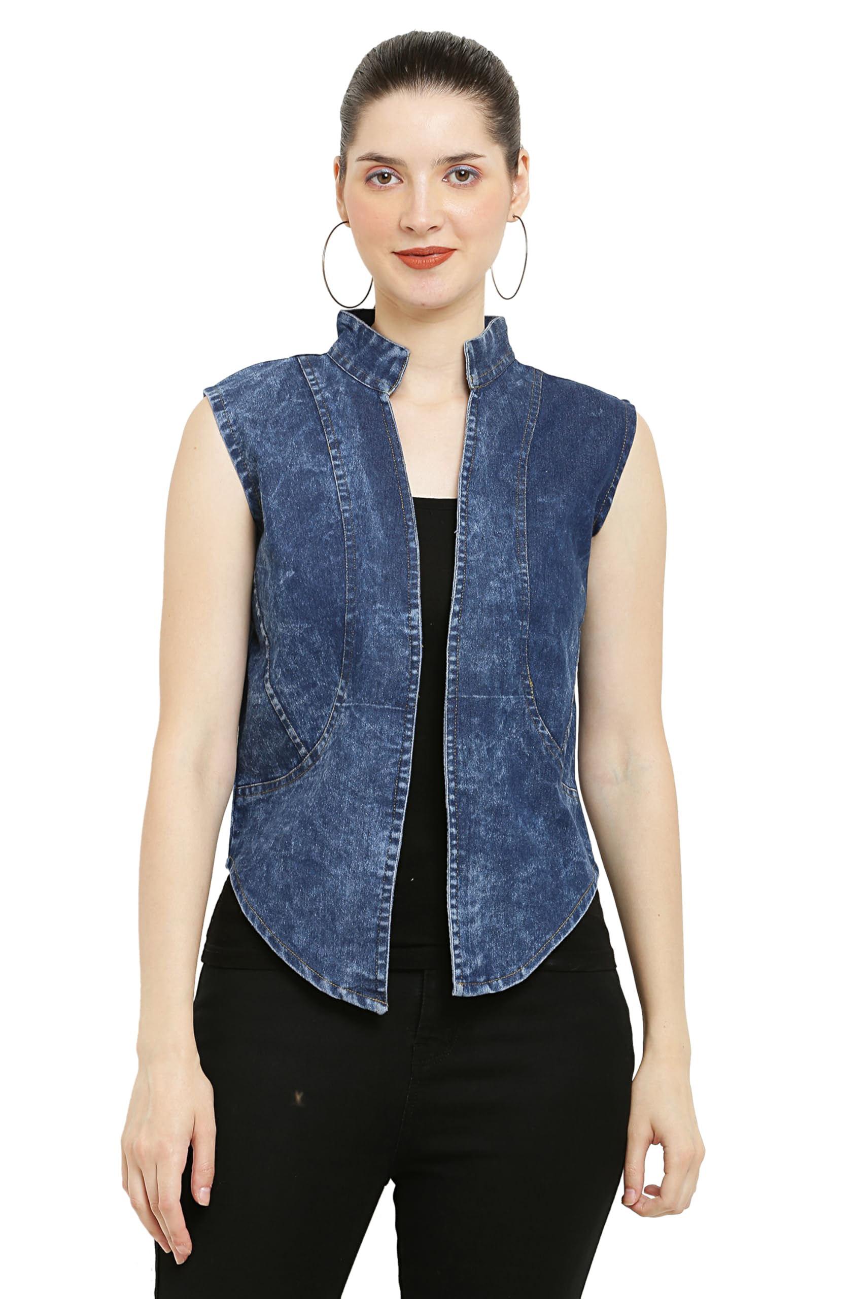 Women's Sleeveless Denim Jacket, Blue Acid Wash, Open Front Vest with Bow Detail
