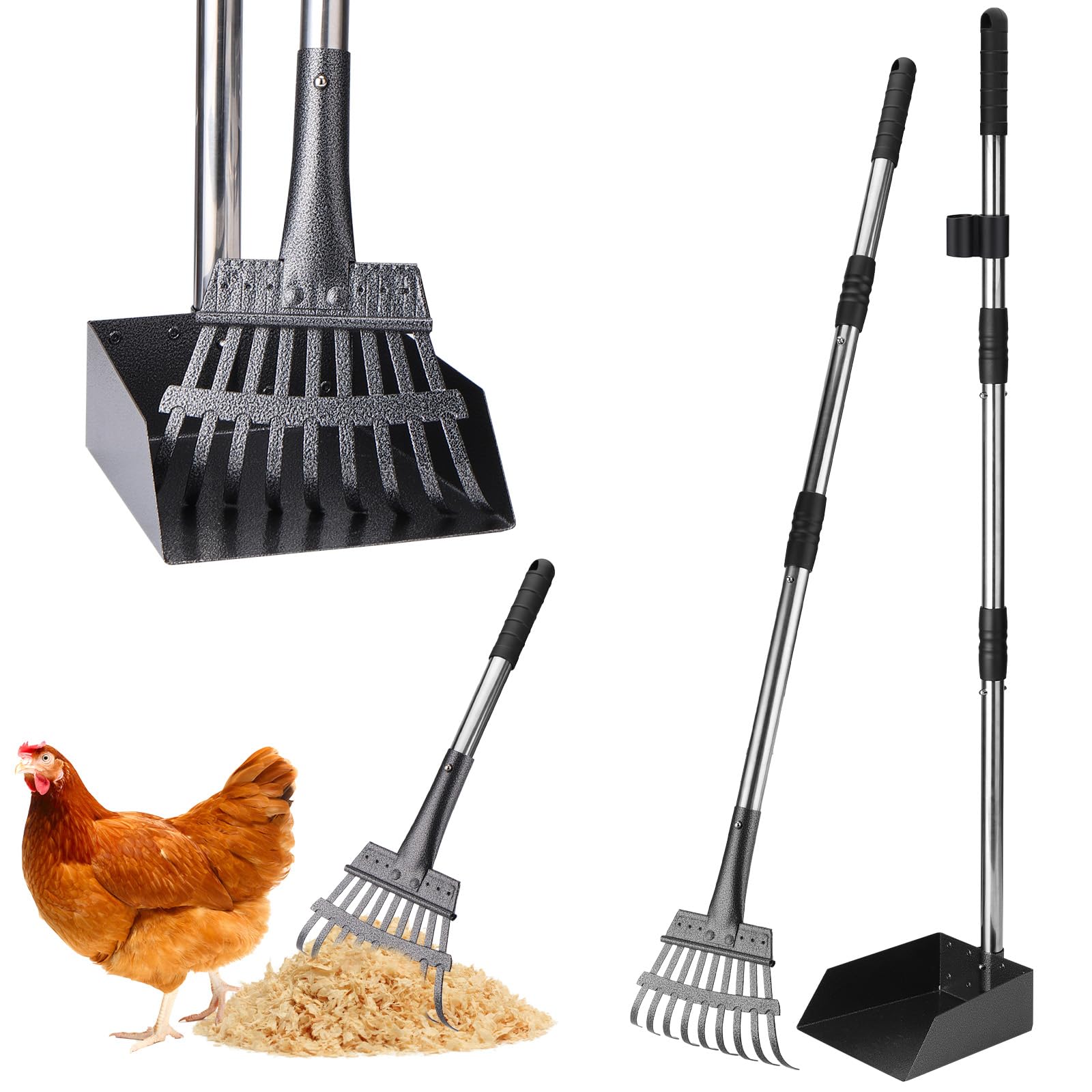 Mity Rain Chicken Coop Accessories, 2-in-1 Ergonomical Chicken Scooper for Cleaning and Sifting, Adjustable Poo Rake with Space-Saving Tray and Rake,
