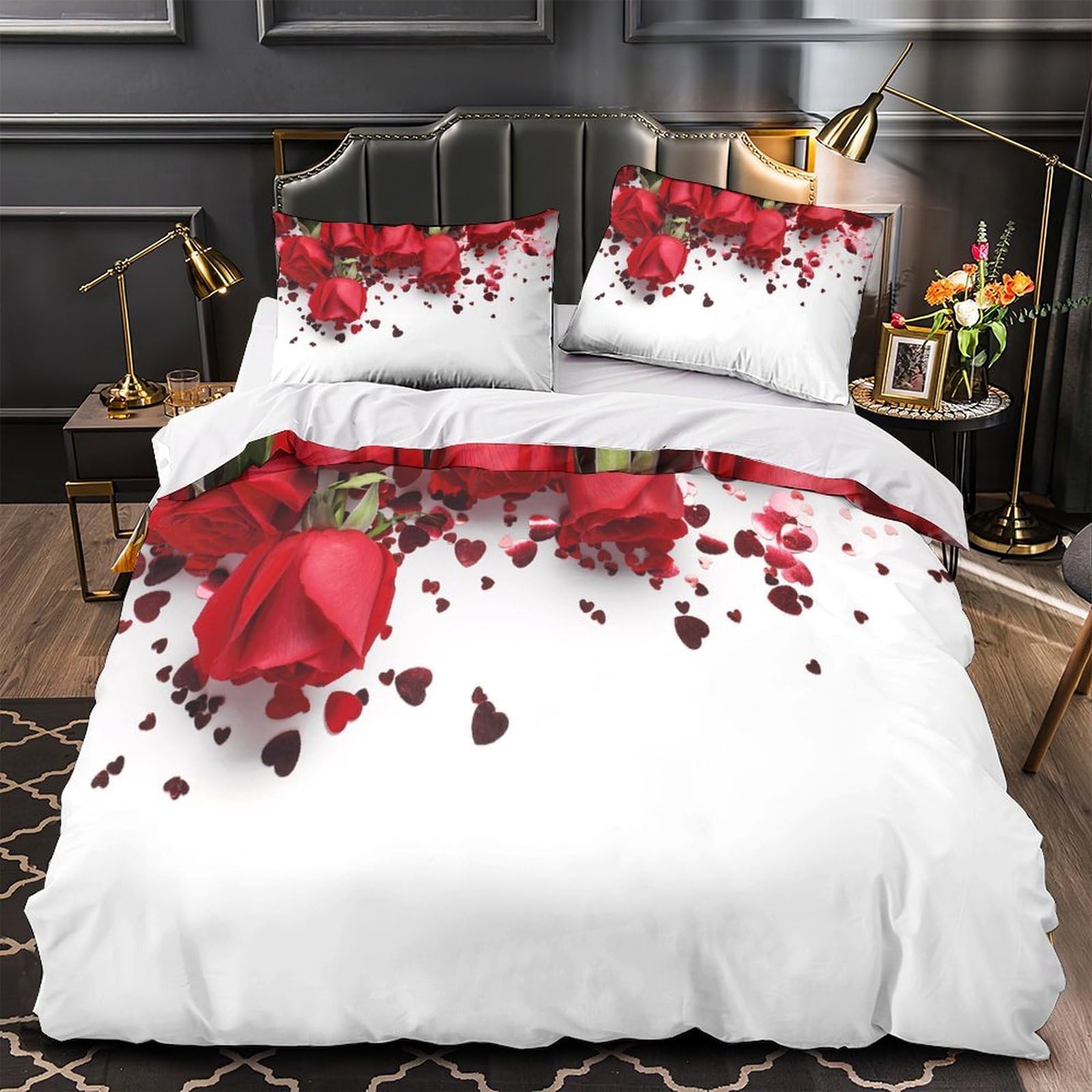 Housse de couette anti-allergie roses rouges parure lit microfibre