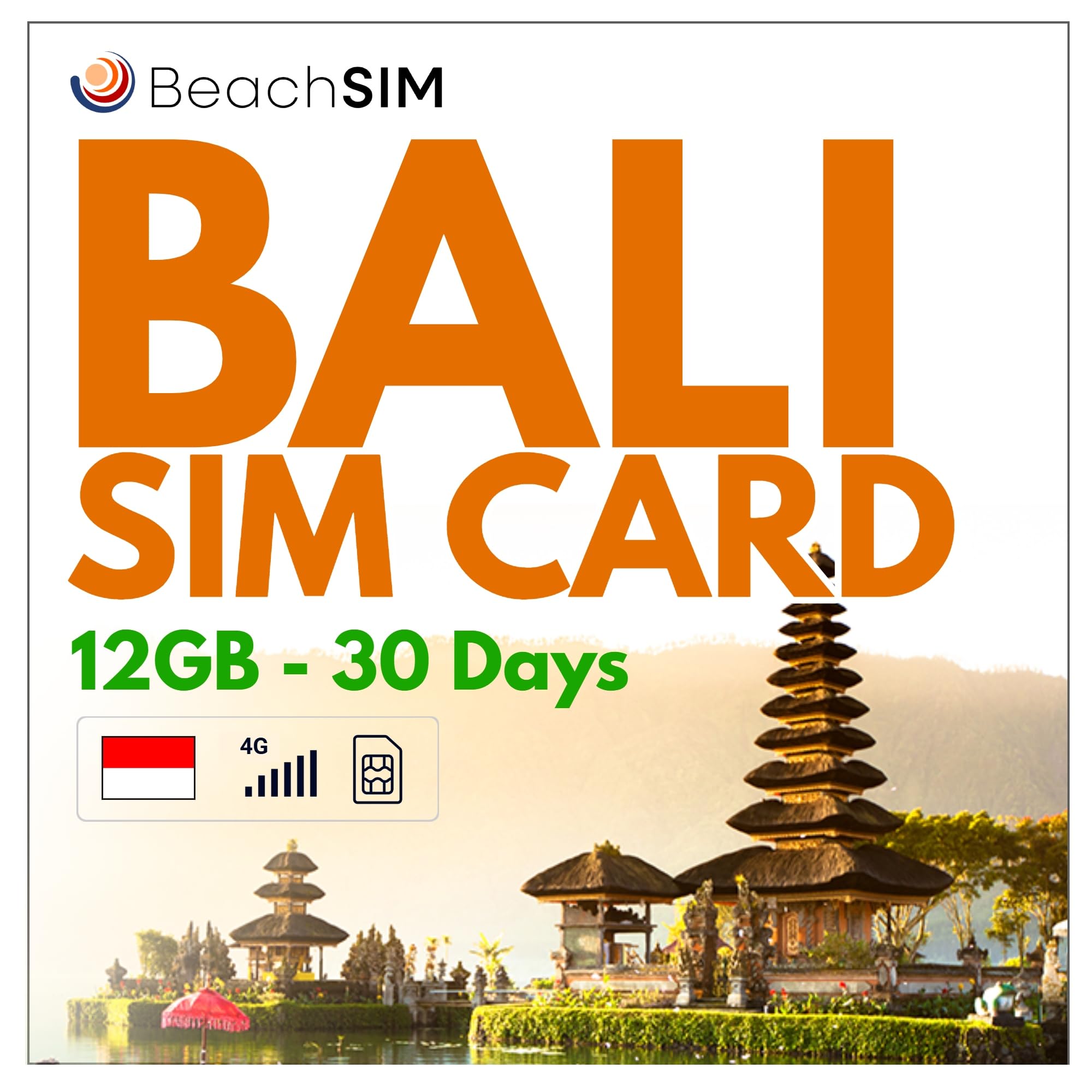 Carte SIM Bali. 12 GB de données à des Vitesses 4G/5G. Données prépayées Uniquement SIM. Activation Rapide. Recharge Facile. Travaille dans Toute l'Indonésie. Valable 30 Jours.