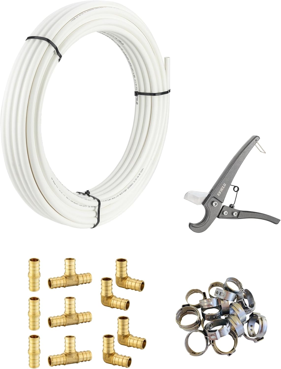 EFIELD 3/4" Pex-b Pipe DIY/Repair Kit - 100 ft White Color Tubing, 10 Pcs Pex Brass Fittings, 30 Pcs Pex Clamps and Pipe Cutter