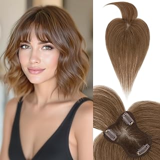 SEGO Human Hair Toppers With Bangs for Women Double-Layer Hand-stitched Thinning Hair Toppers 360°3D Coverage Hairpieces Clip on Bangs,11inch #04 Chocolate Brown,20g