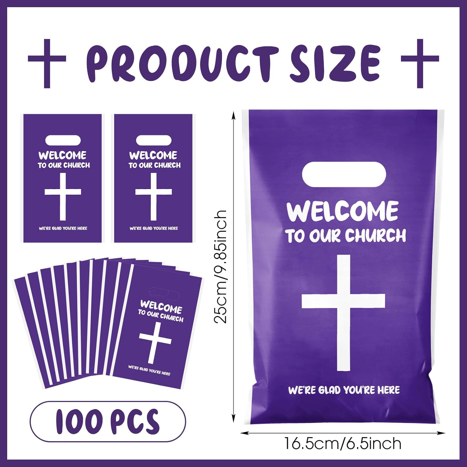 Cholemy 100 Pcs Welcome To Our Church Treat Bags Church Candy Bags with Handle Christian Events Plastic Goodie Colorful Baptism Easter Wedding Party Supplies and Gifts Wrapping, 9.84''x6.5''(Purple) - Image 3