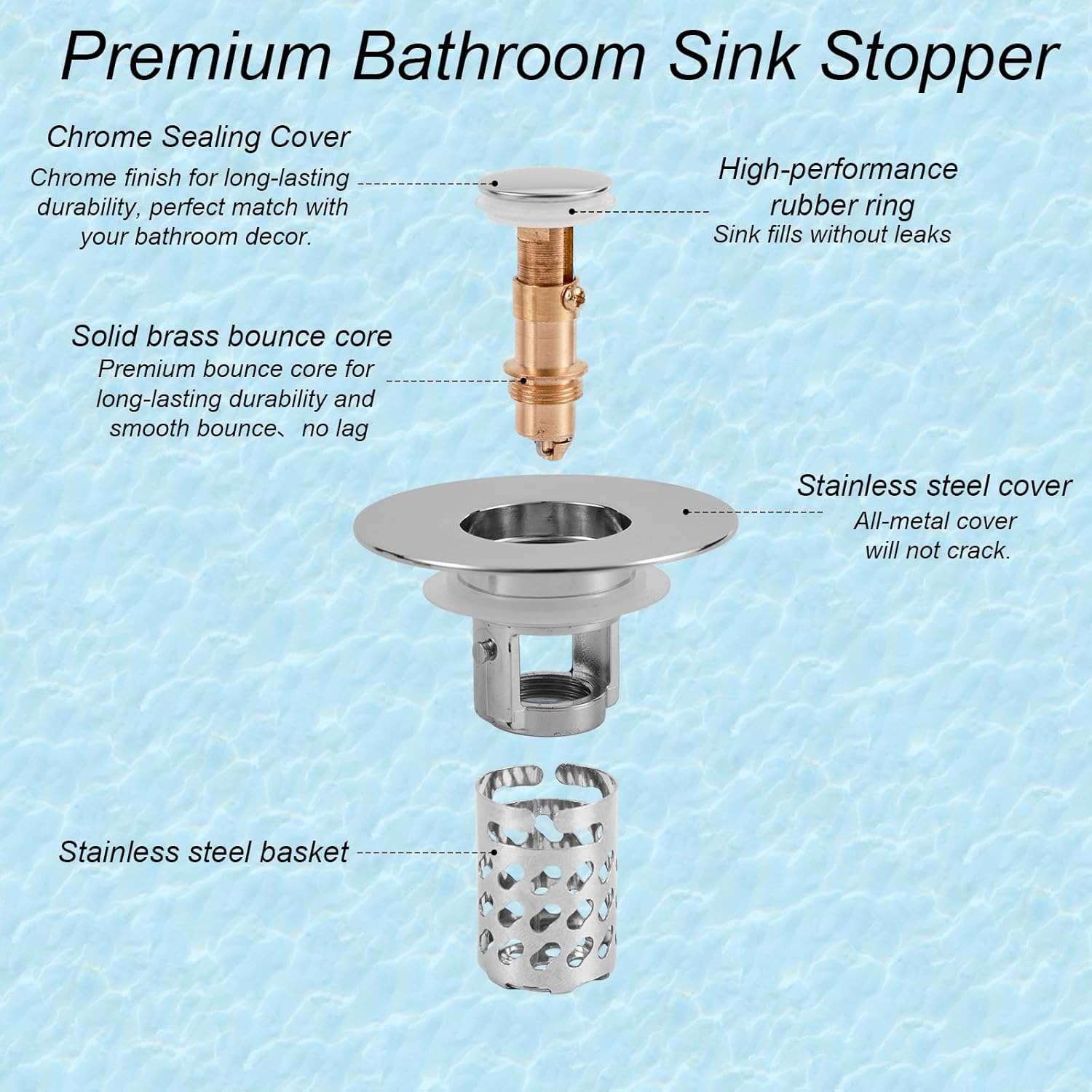 Bathroom Sink Stopper, Pop up Sink Plug Replacement with 3 Sizes Removable Strainer Basket Anti Clog Floor Drain Filter for 1.1-2.36 Inch Kitchen Bathroom Bathtub Universal Sinks Accessories Parts
