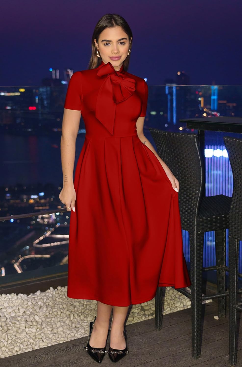 Memoriesea Women's Elegant Casual Short Sleeve Work Party A-Line Dress with Pockets - Image 3