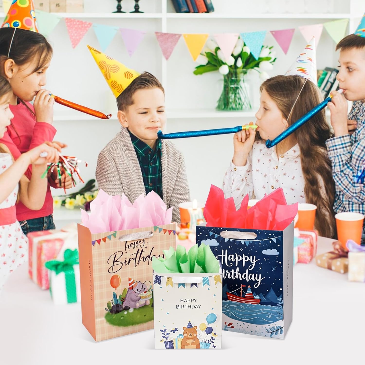 UOKHO Birthday Gift Bag with Handle and Tissue Paper, 8 Pcs Reusable Gift Bags Assorted Sizes and Designs, Large, Medium, Small Size Birthday Gift Bag for Kids, Women, Men -15“,13“, 9“ - Image 5