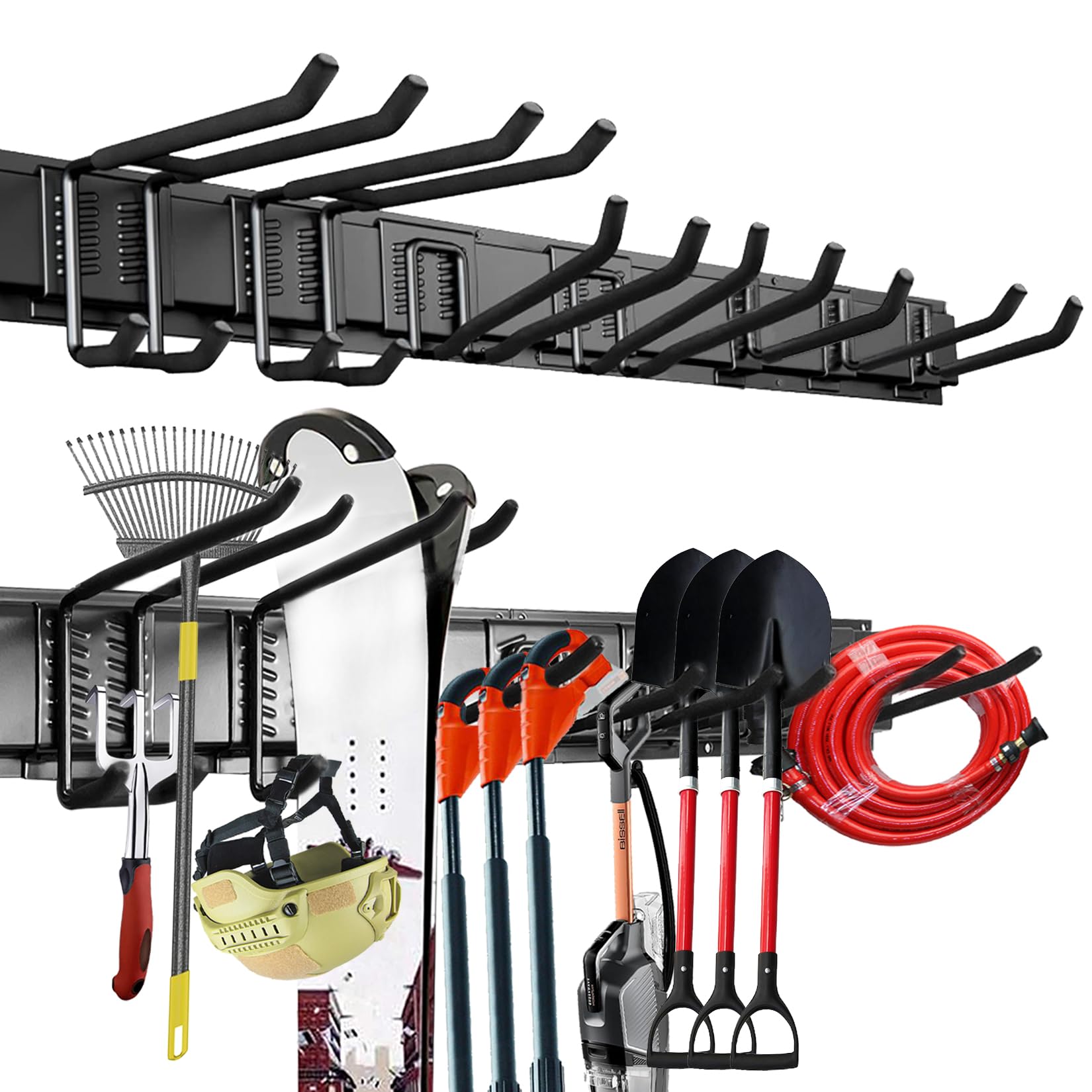 C&T Heavy Duty 48-inch Garden Tool Rack with 3 Rails and 7 Hooks, Customizable Garden Shed Workshop Storage System Holds 440lbs, for Yard Tools, Ski Equipment, Brooms and Shovels,Include Torpedo level
