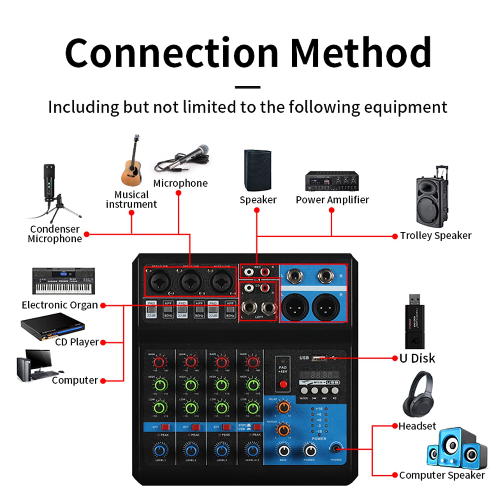 Table de Mixage 5 Canaux, Table-Mixage-Audio-USB Alimentation Fantôme 48V, Console de Mixage pour Ordinateur Microphone Lecteur, Mélangeur Audio pour Live Studio Scène