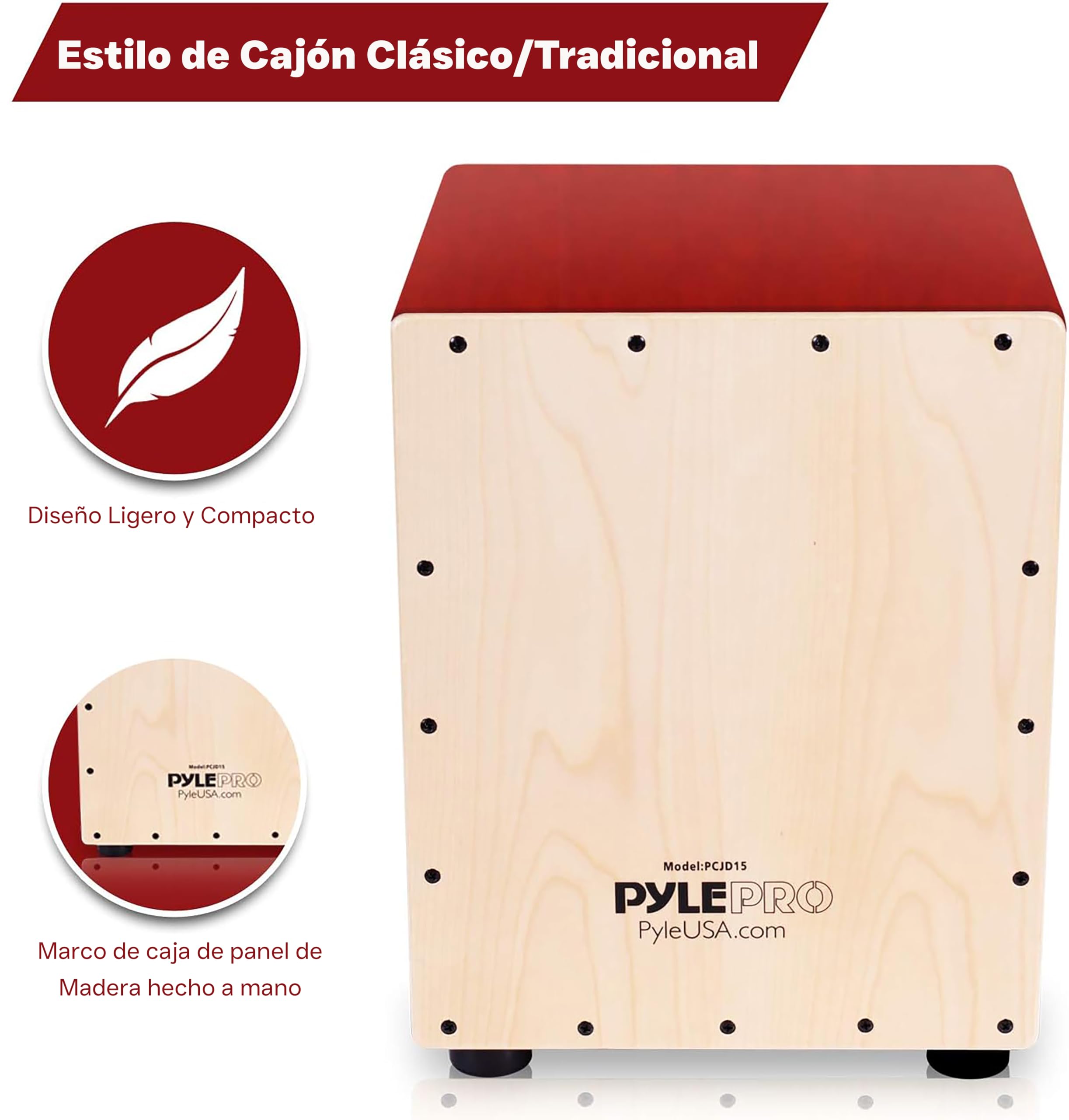 Pyle Cajón de Percusión, Caja Acústica de Madera de Abedul, Cuerdas de Guitarra Ajustables, Sonido Profesional, Compacto 30x30x38 cm, Patas Antivibración, Ligero 5kg, Ideal para Todas las Edades
