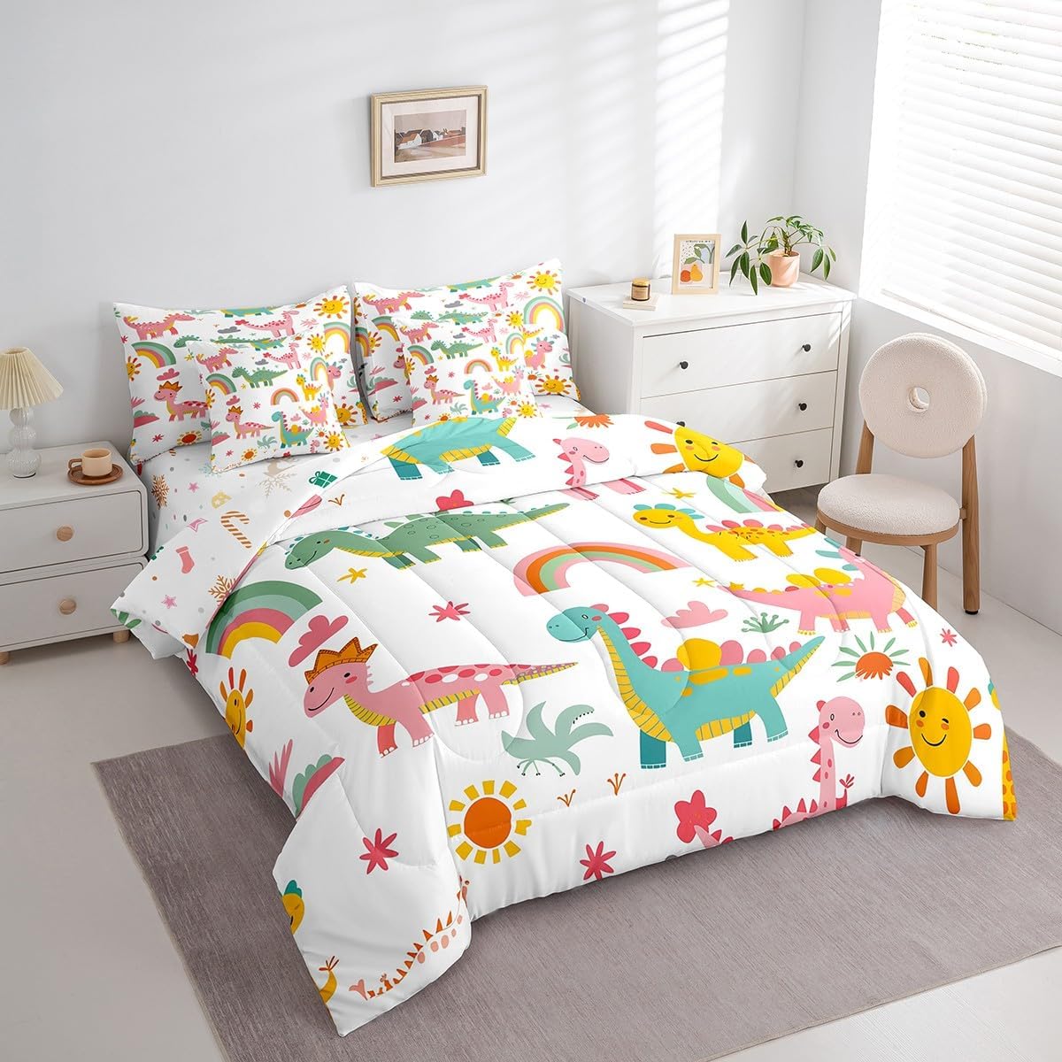 Erosebridal Cute Dinosaur Full 7 Piece Comforter Set with Sheets for Girls Cartoon Cloud Rainbow Sun Toddler Bedding Set Kids Kawaii Dion Bed in A Bag Jungle Wildlife Bed Set
