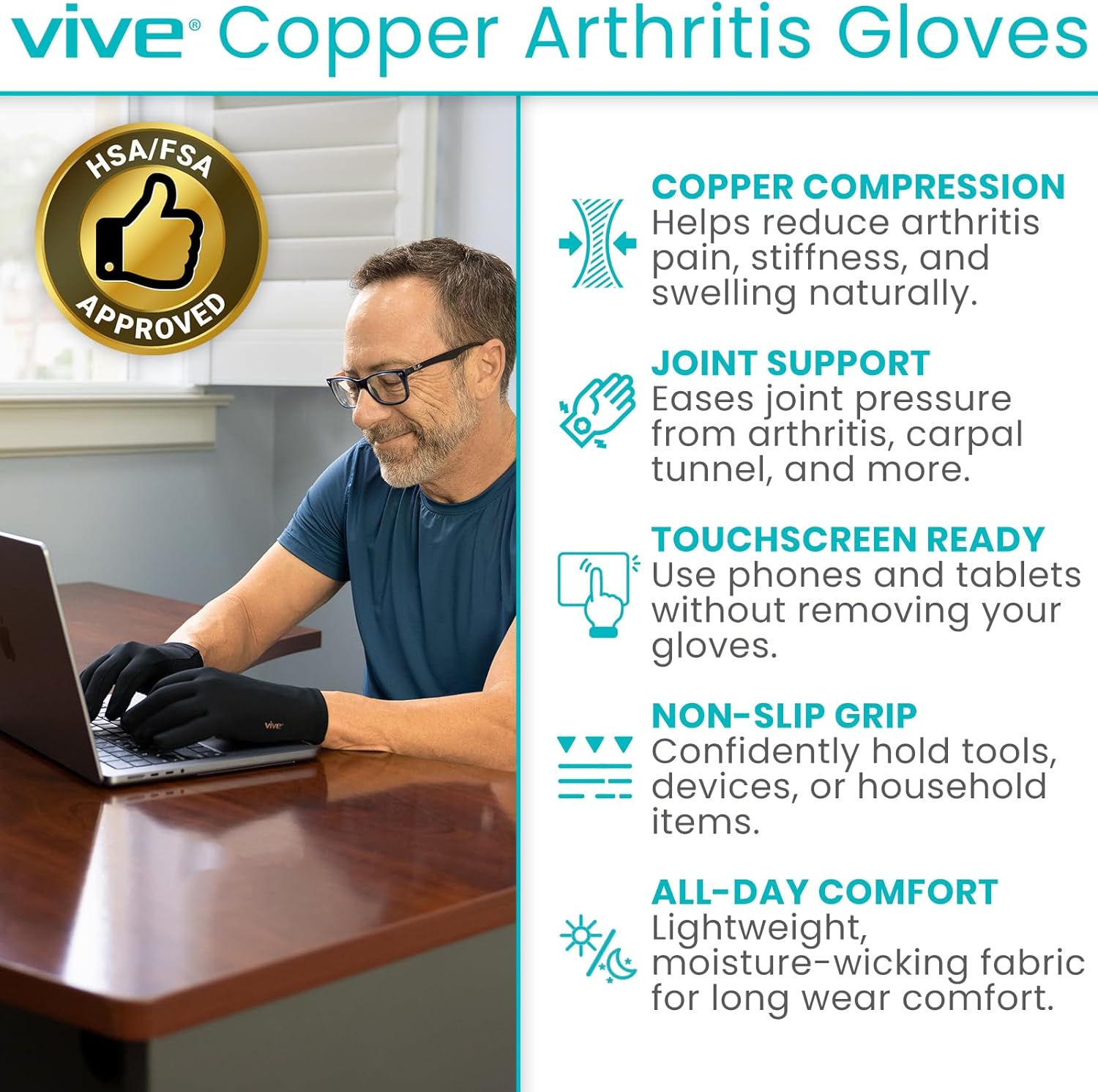 Vive Copper Arthritis Gloves - Full Hand Compression Touchscreen Finger - For Carpal Tunnel, Rheumatoid, Joint Pain, Inflammation - Flexible Wrist and Thumb Pressure Relief for Typing - For Men, Women