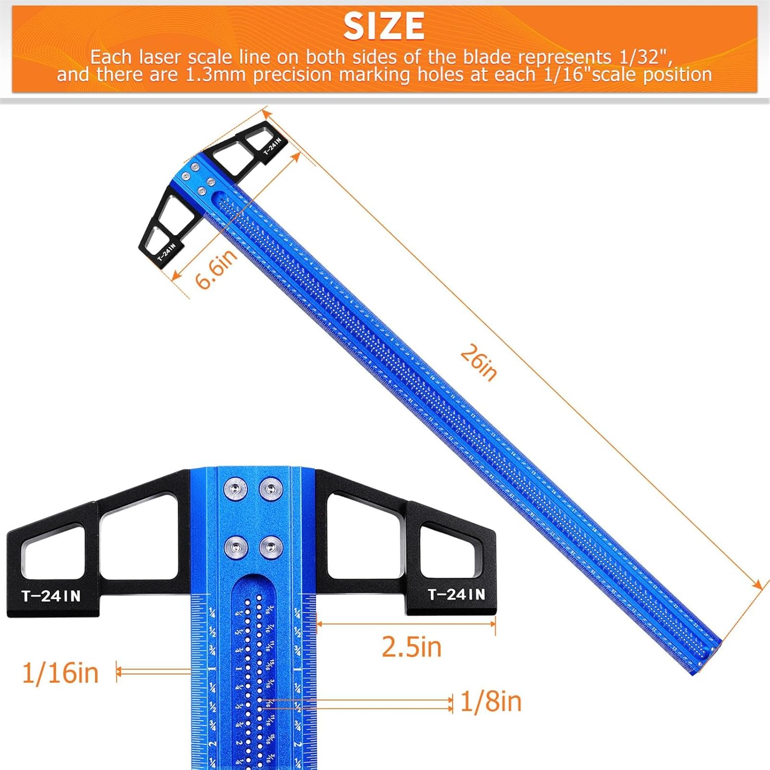24 inch Aluminum T-Square Ruler，Woodworking Scriber T-Square Ruler，Precision Marking Woodworking T Ruler, 1/16'' Scale Aluminum Alloy Hole Positioning Scribing T-Square