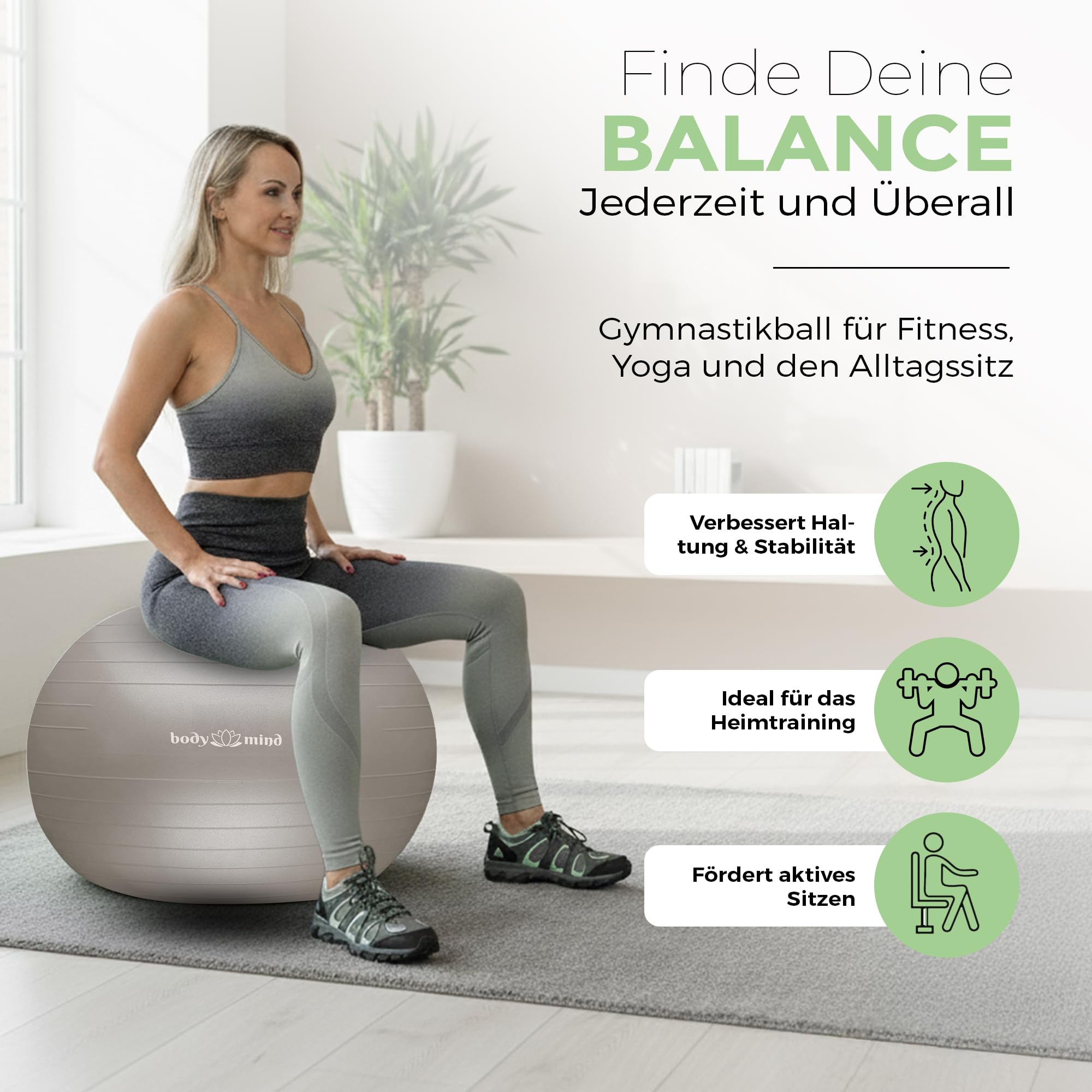 Body & Mind Gymnastikball inkl. Luftpumpe - Anti-Burst Pilates Ball, Pezziball für Schwangerschaft Ergonomischer Sitz als Büro-Stuhl, Sitzball für Yoga, Gymnastik & Workout